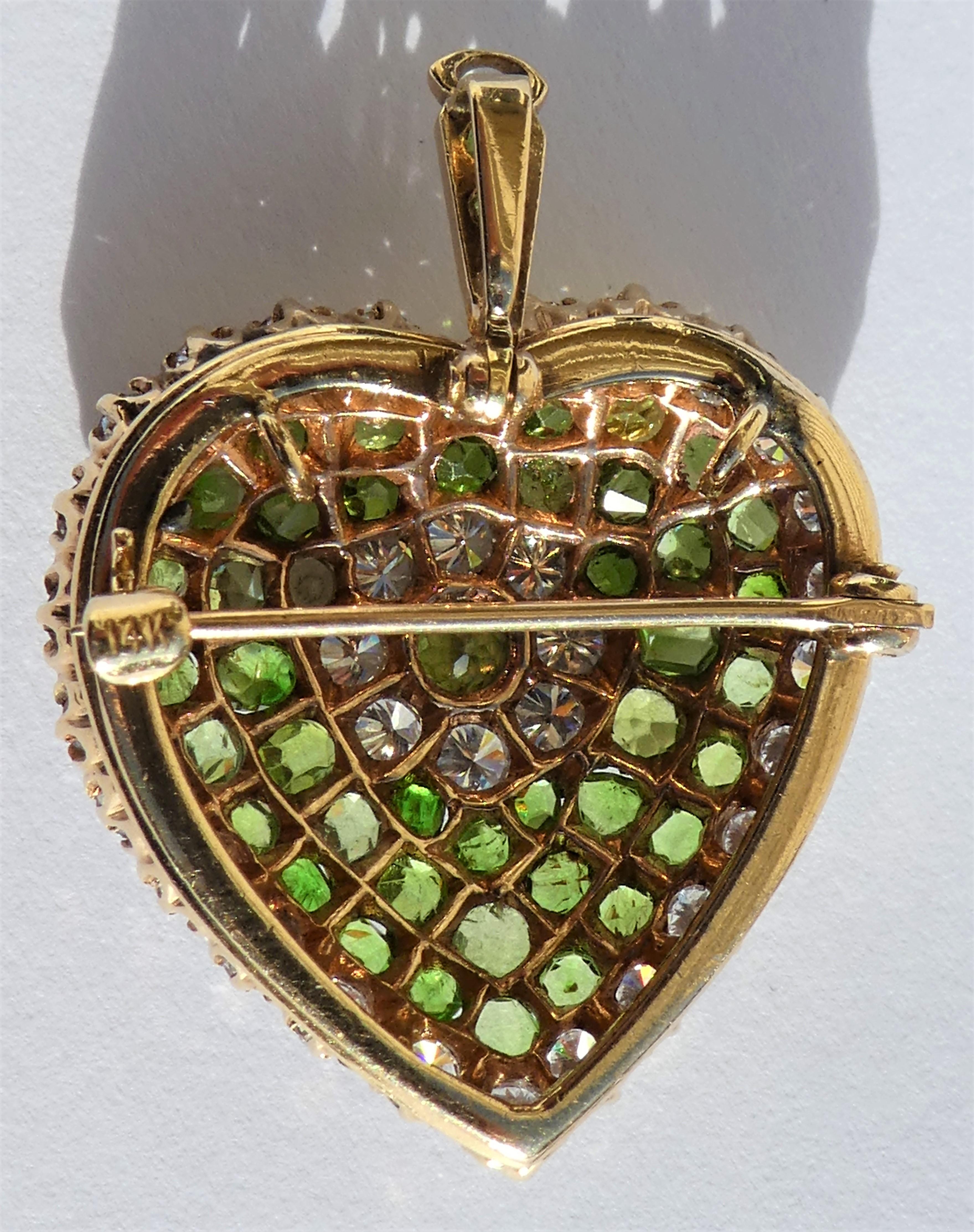 Women's Art Deco Demantoid Diamond Gold Heart Brooch Pendant For Sale