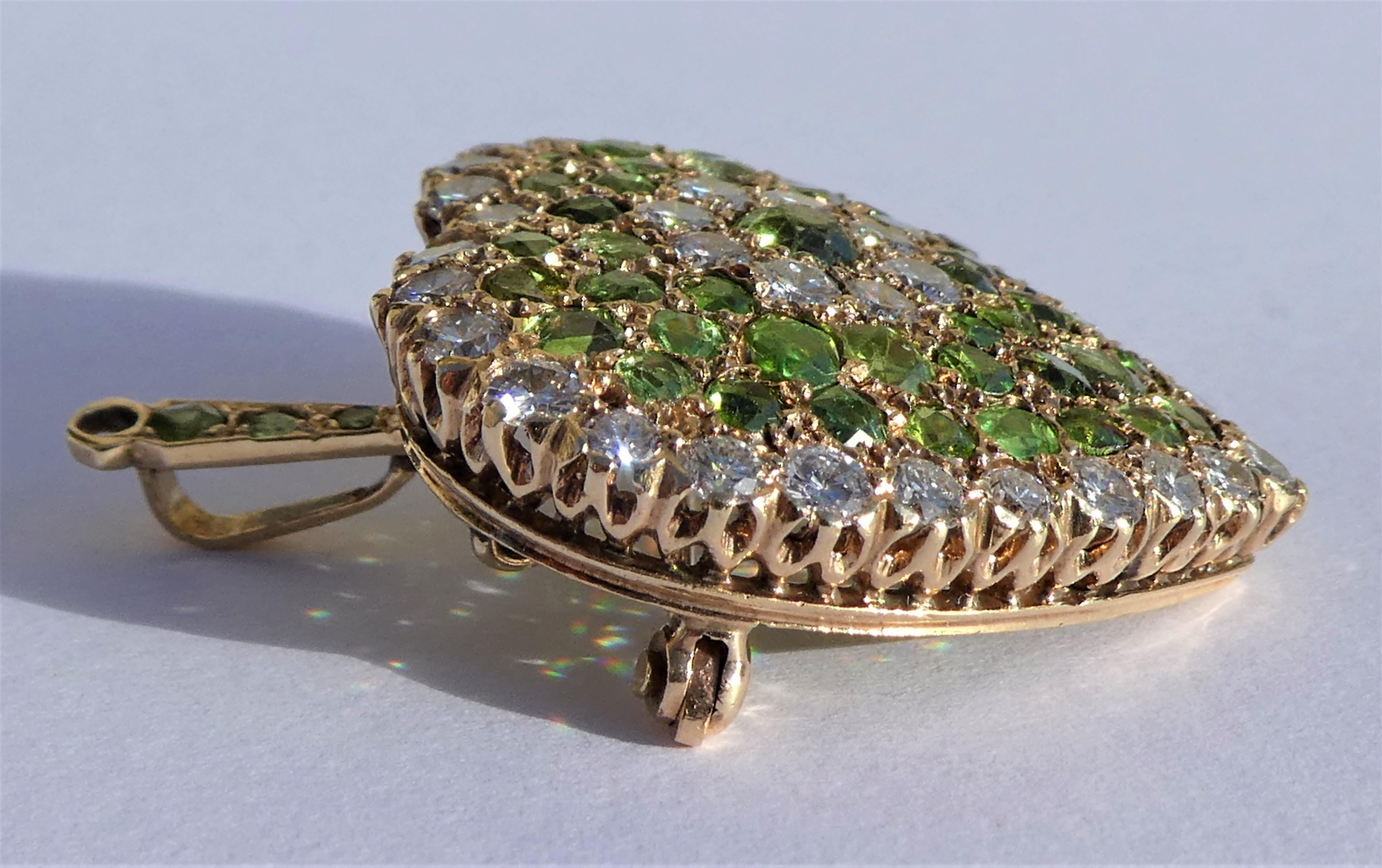 Art Deco Demantoid Diamond Gold Heart Brooch Pendant For Sale 1