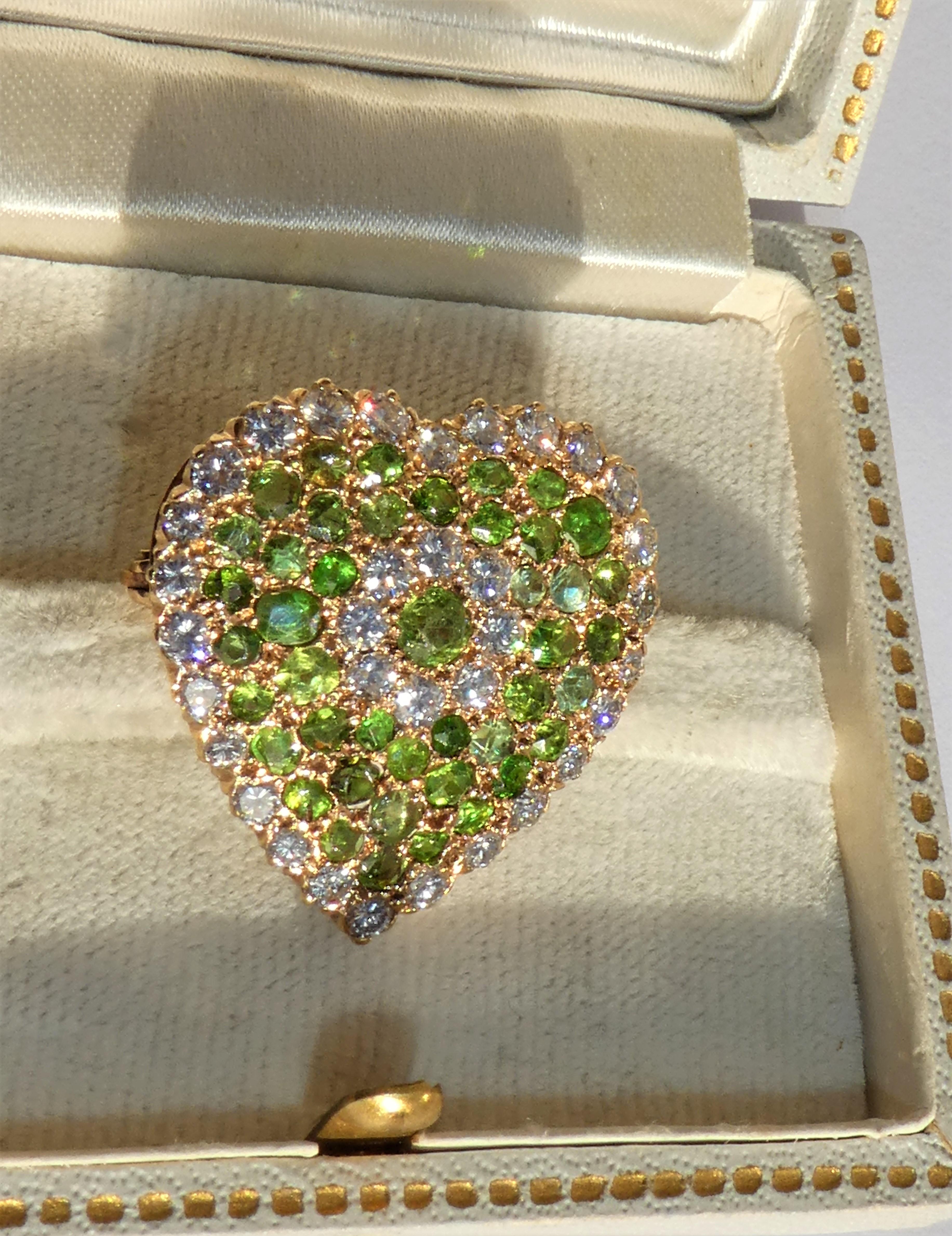 Art Deco Demantoid Diamond Gold Heart Brooch Pendant For Sale 2