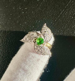 Art Deco Demantoid Green Garnet Diamond Platinum Ring Flower Engagement Ring