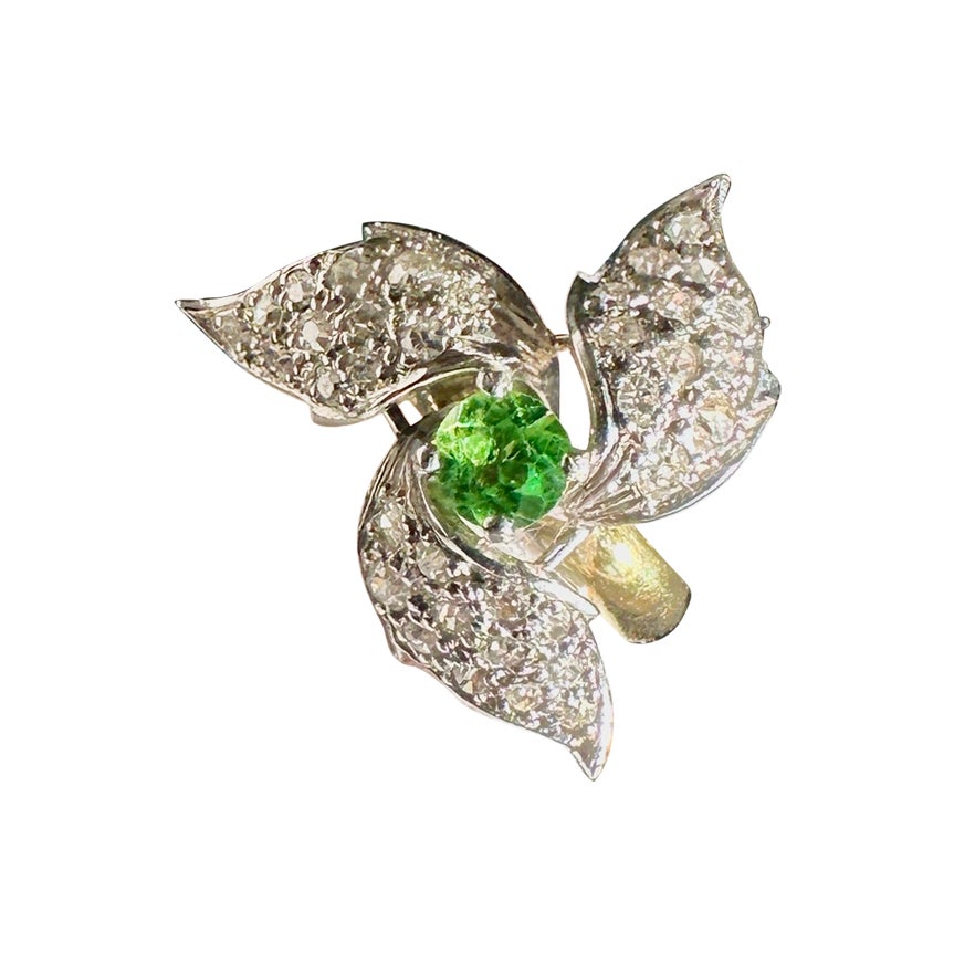 Art Deco Demantoid Green Garnet Diamond Platinum Ring Flower Engagement Ring For Sale