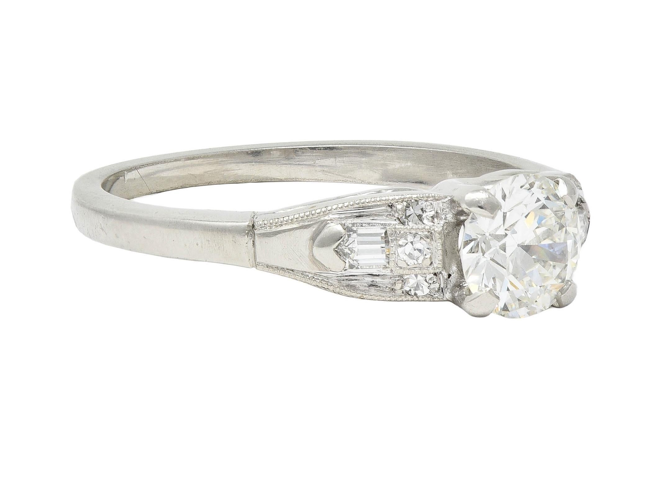 Baguette Cut Art Deco Demaria 0.91 CTW Transitional Diamond Platinum Vintage Engagement Ring For Sale