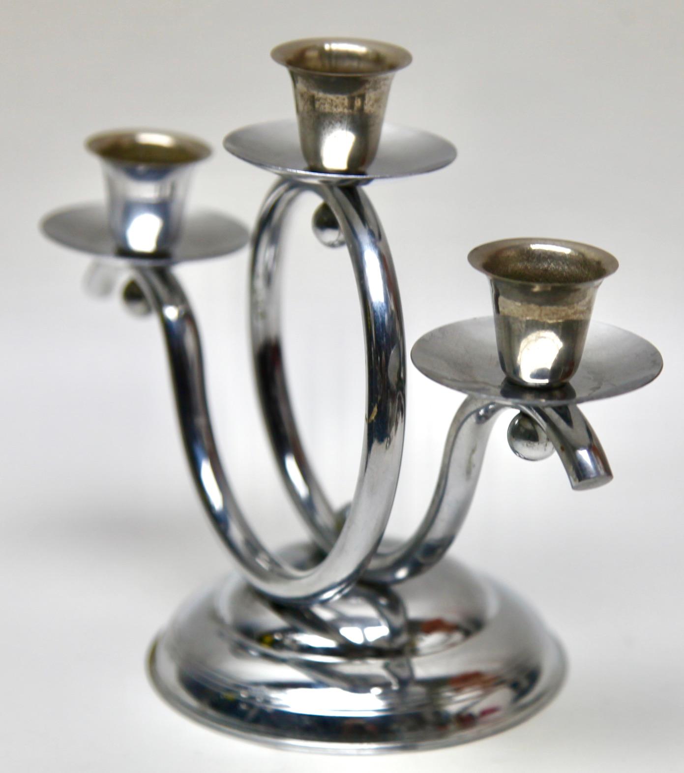Hand-Crafted Art Deco Demeyere Chrome set of 2 of Candlesticks,  Belgium 1930s For Sale