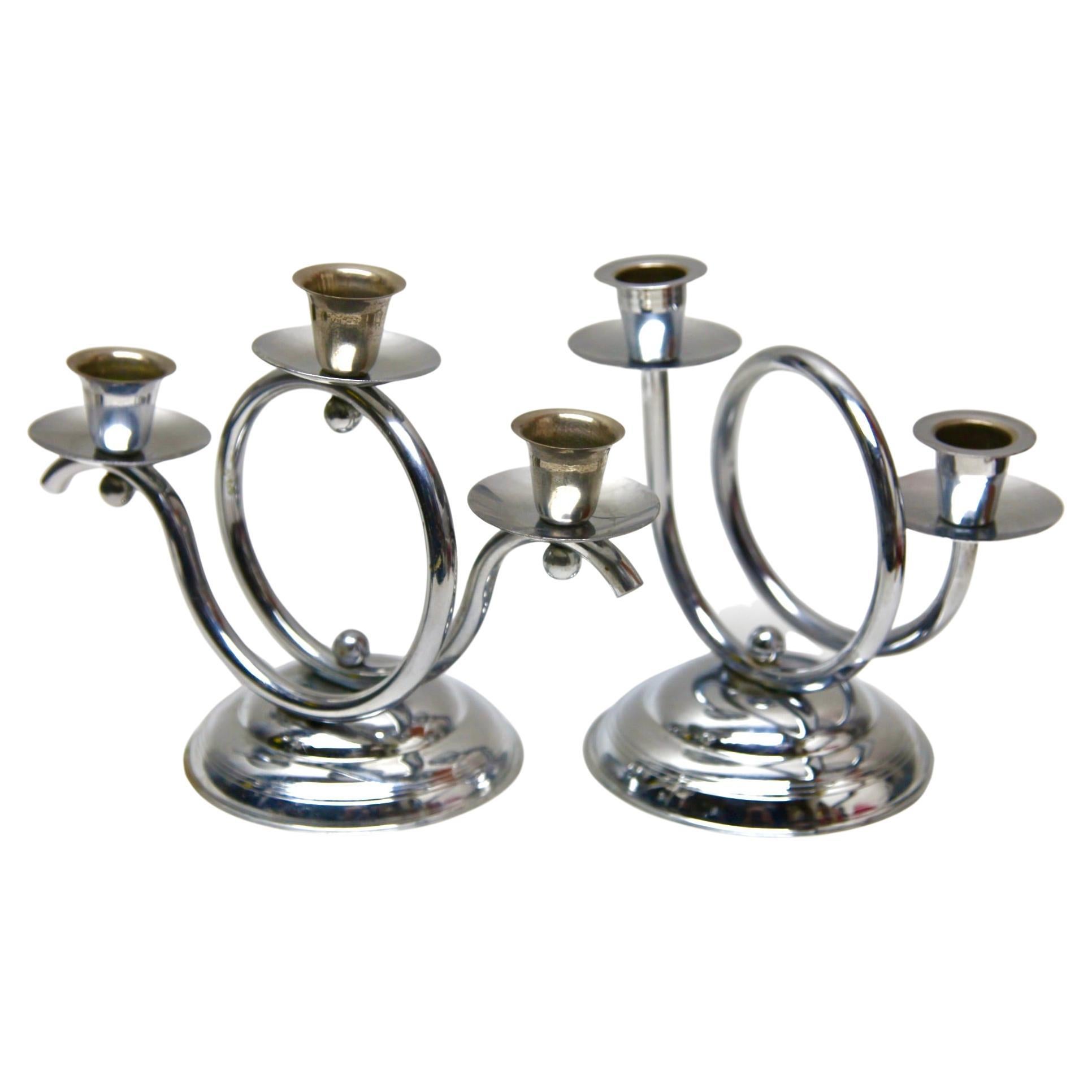 Art Deco Demeyere Chrome set of 2 of Candlesticks,  Belgium 1930s For Sale