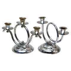 Vintage Art Deco Demeyere Chrome set of 2 of Candlesticks,  Belgium 1930s