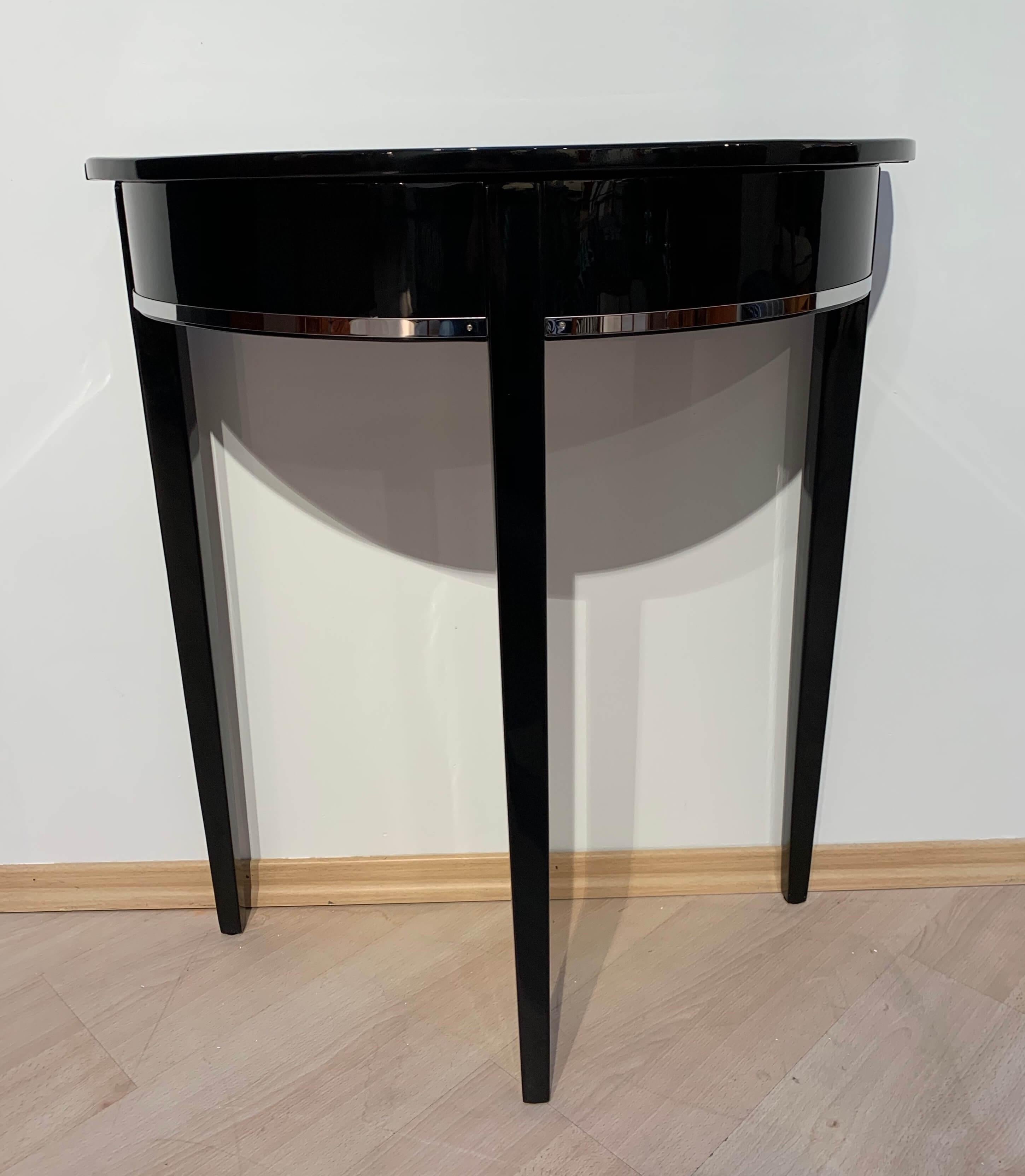 French Art Deco Demi-Lune Console Table, Black Piano Lacquer on Oak, France circa 1930