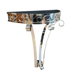 Art Deco Demi-Lune Console Table, Polished Nickel, Black Glass, France c. 1930