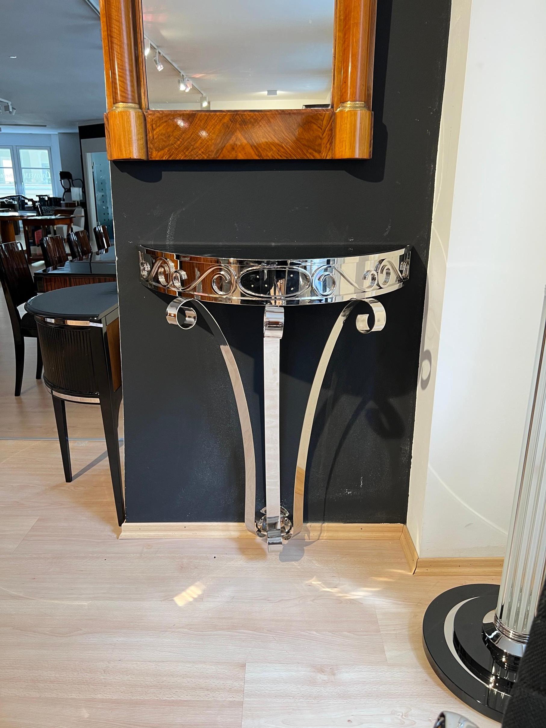 Art Deco Demi-Lune Console Table, Nickel-Plated Metal, Glass, France circa 1930 For Sale 14