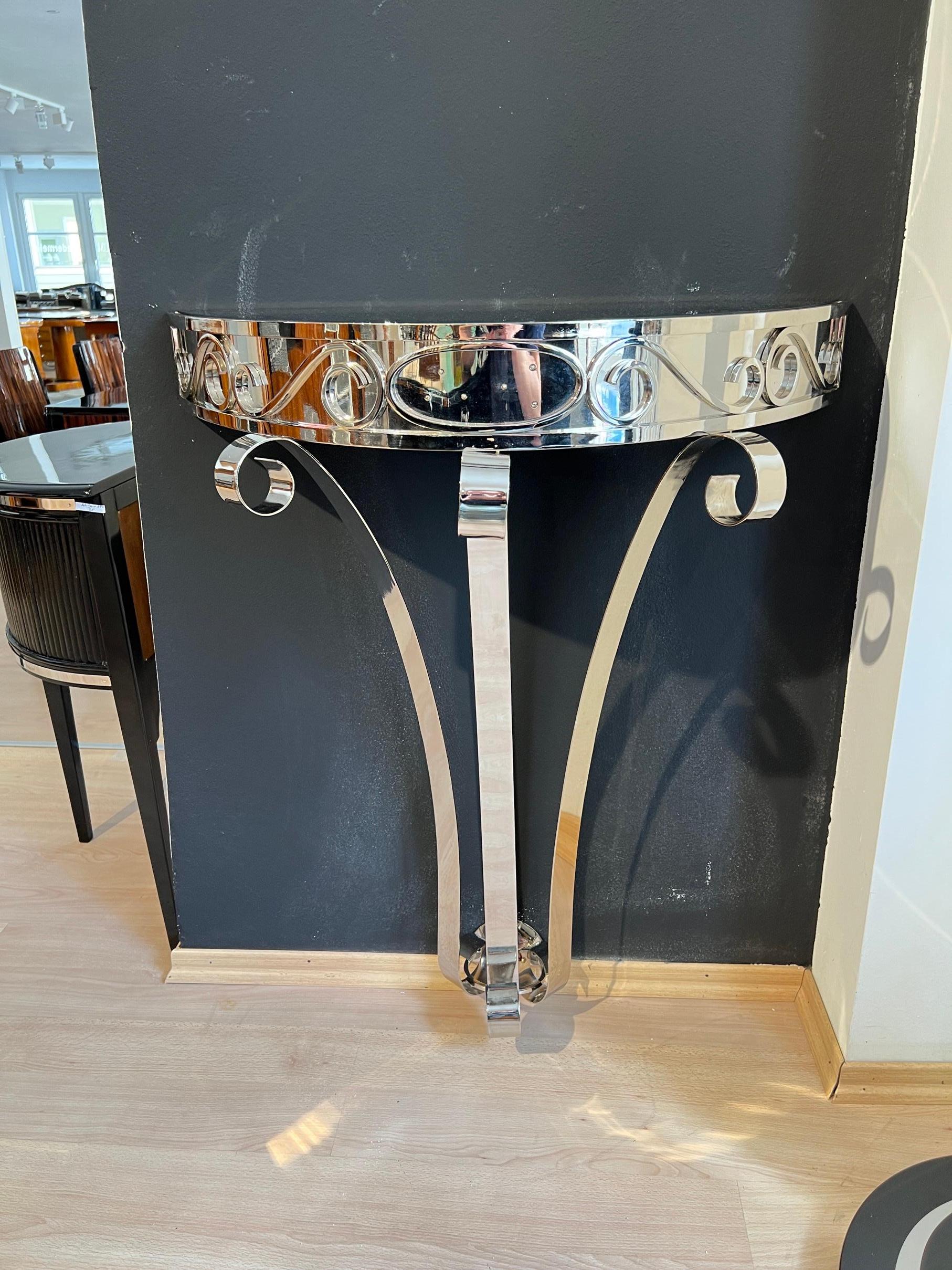 French Art Deco Demi-Lune Console Table, Nickel-Plated Metal, Glass, France circa 1930 For Sale
