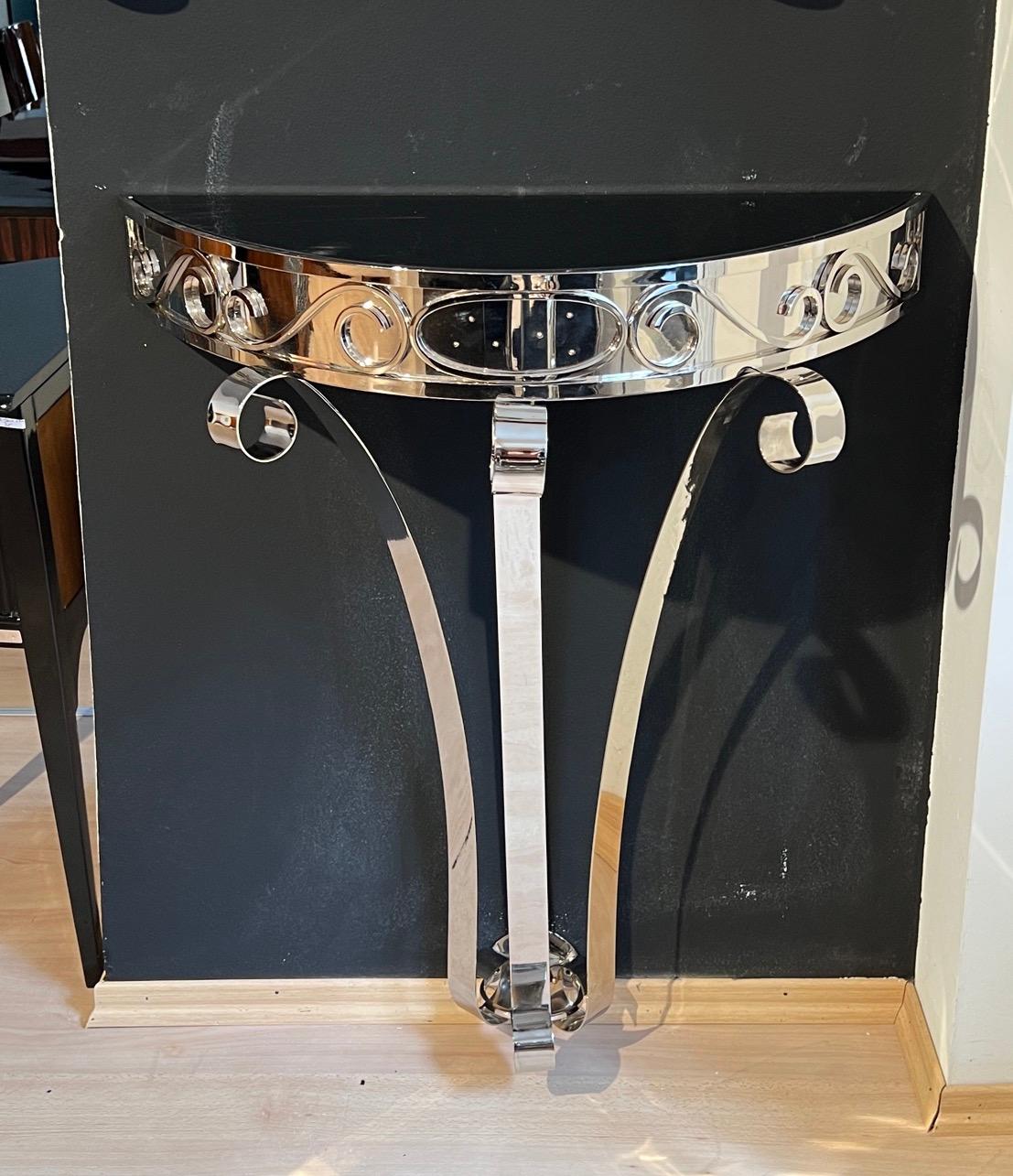Galvanized Art Deco Demi-Lune Console Table, Nickel-Plated Metal, Glass, France circa 1930 For Sale