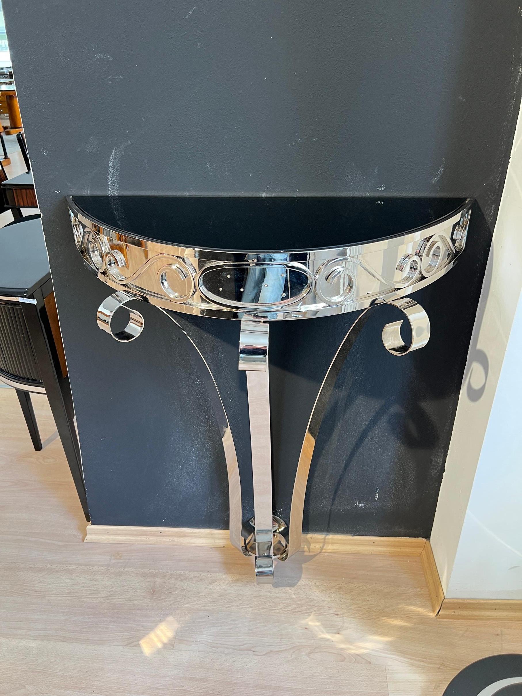Art Deco Demi-Lune Console Table, Nickel-Plated Metal, Glass, France circa 1930 In Excellent Condition For Sale In Regensburg, DE