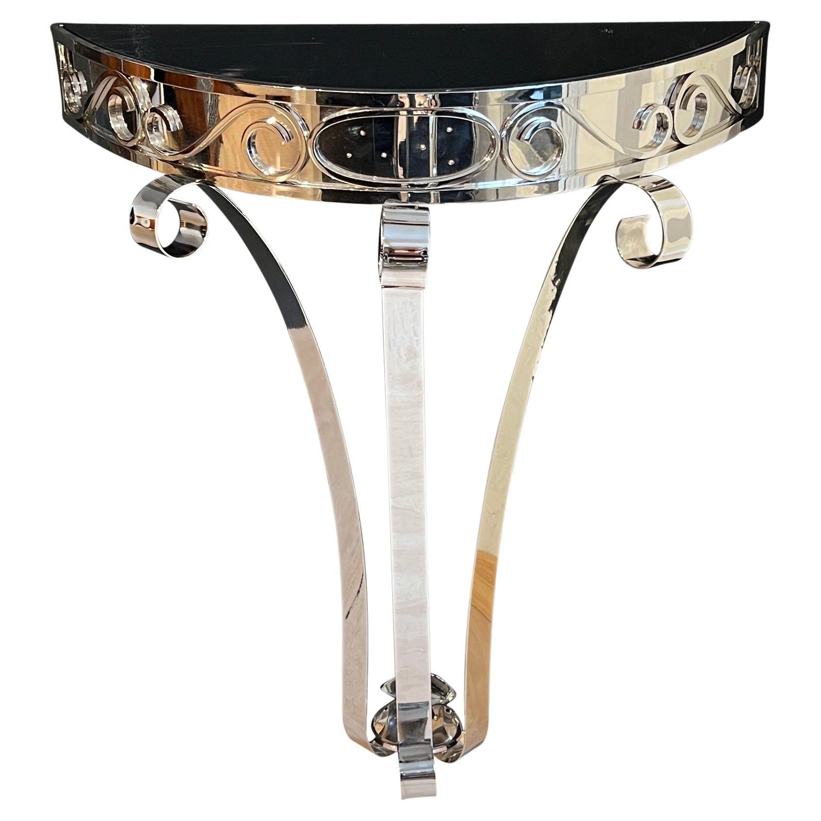 Art Deco Demi-Lune Console Table, Nickel-Plated Metal, Glass, France circa 1930 For Sale