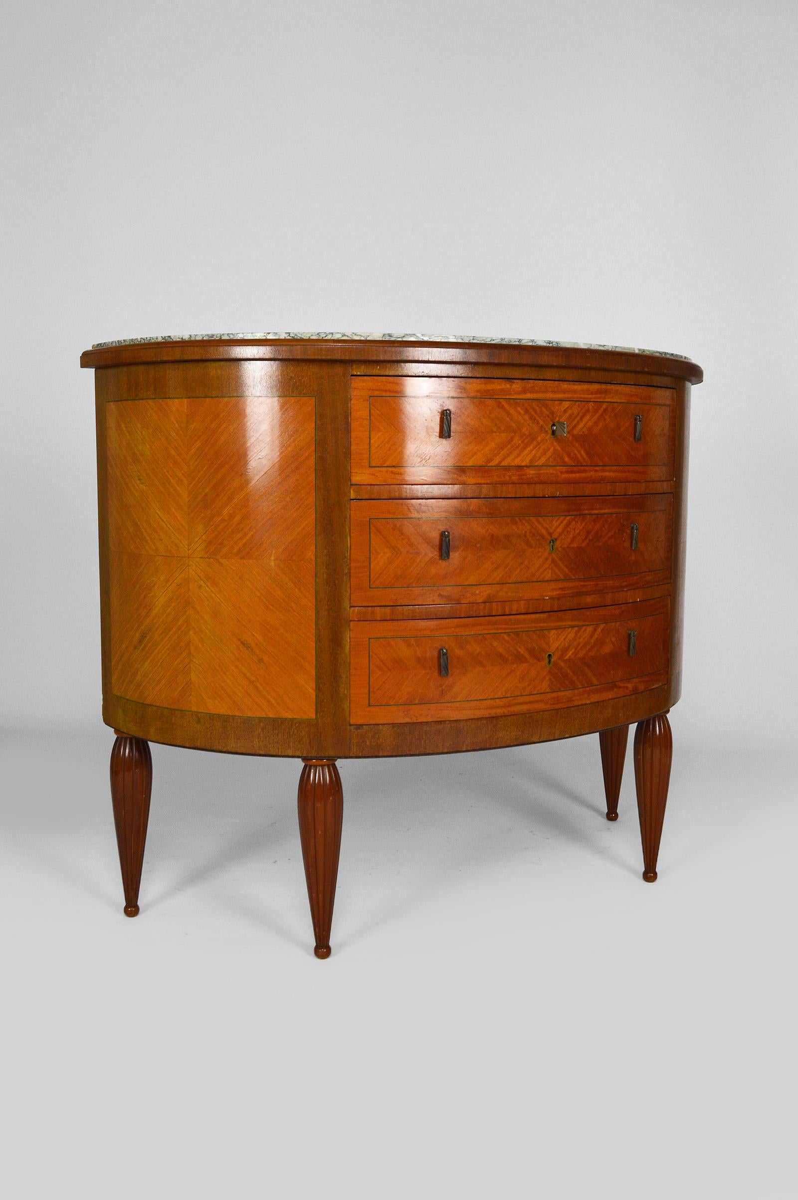 French Art Deco Demilune Mahogany & Marble-Top Commode / Chest of Drawers, circa 1925 For Sale