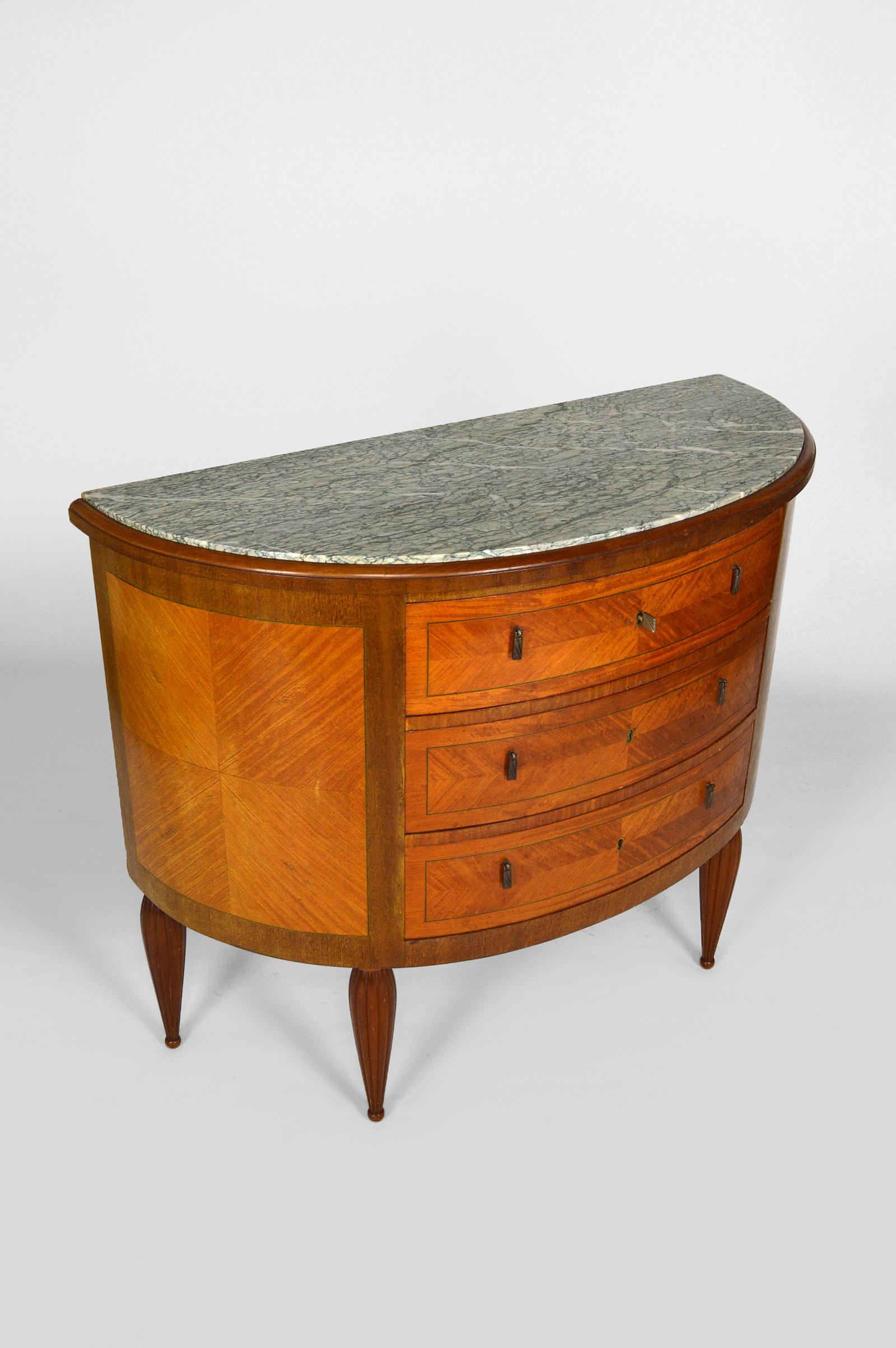 Inlay Art Deco Demilune Mahogany & Marble-Top Commode / Chest of Drawers, circa 1925 For Sale