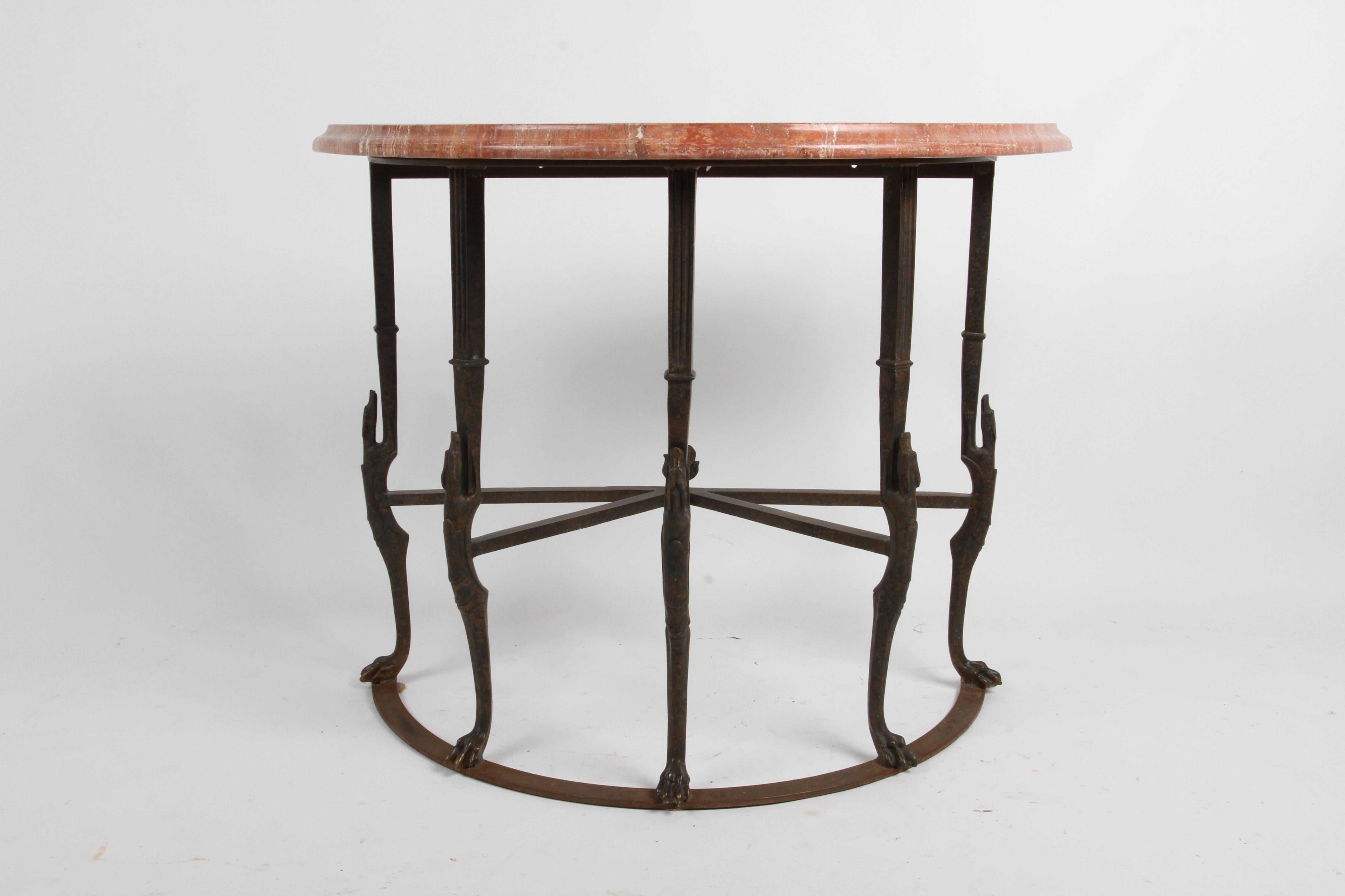 Early 20th Century Art Deco Demi-Lune Marble Console with Bronze Stylized Greyhounds on Paw Feet For Sale