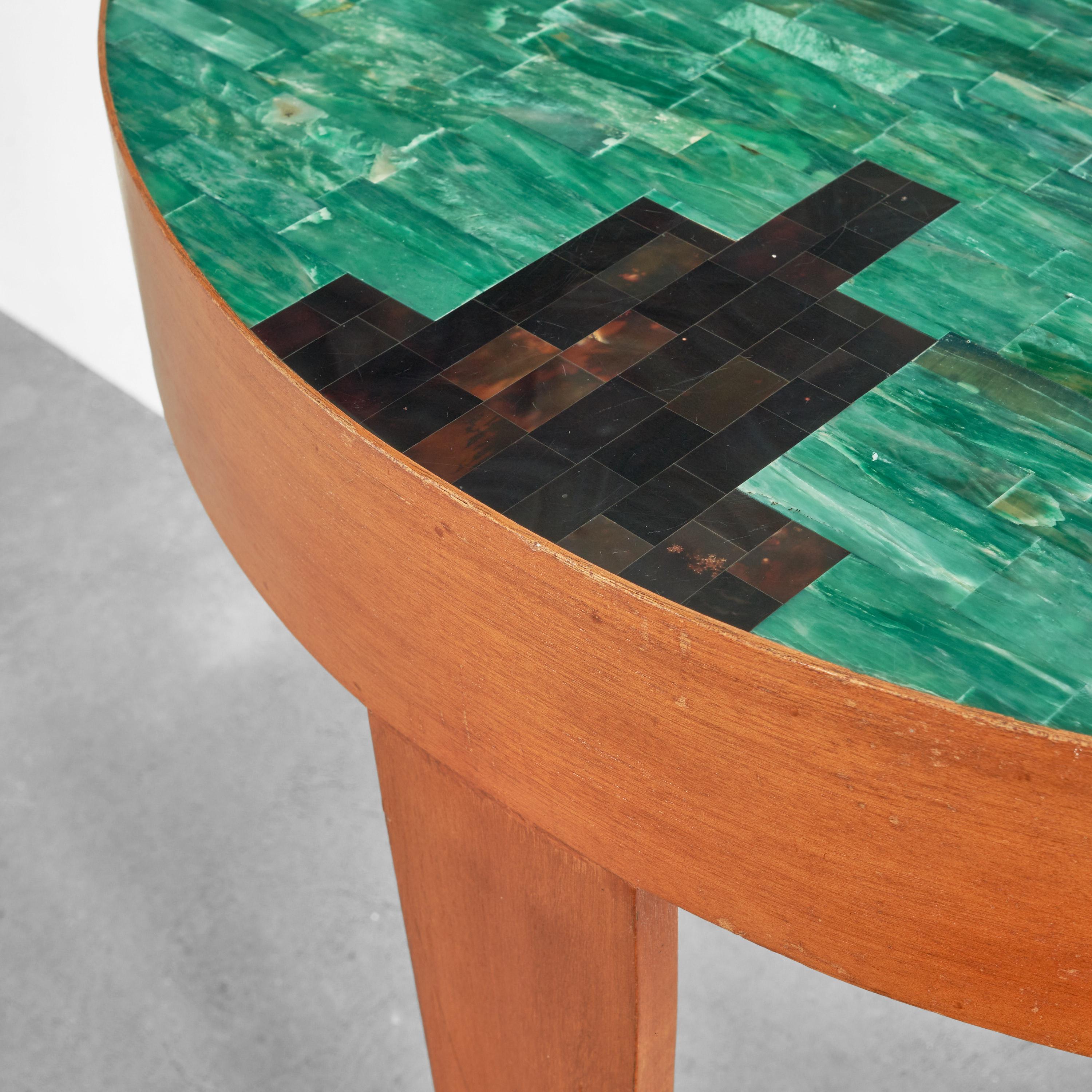 20th Century Art Deco Demi Lune Table in Malachite and Brown Shell Mosaic and Wood 1930s For Sale