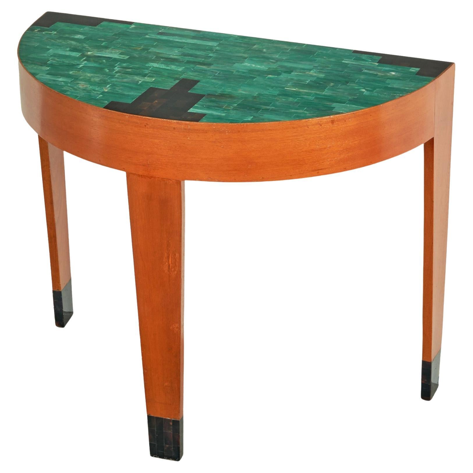 Art Deco Demi Lune Table in Malachite and Brown Shell Mosaic and Wood 1930s For Sale
