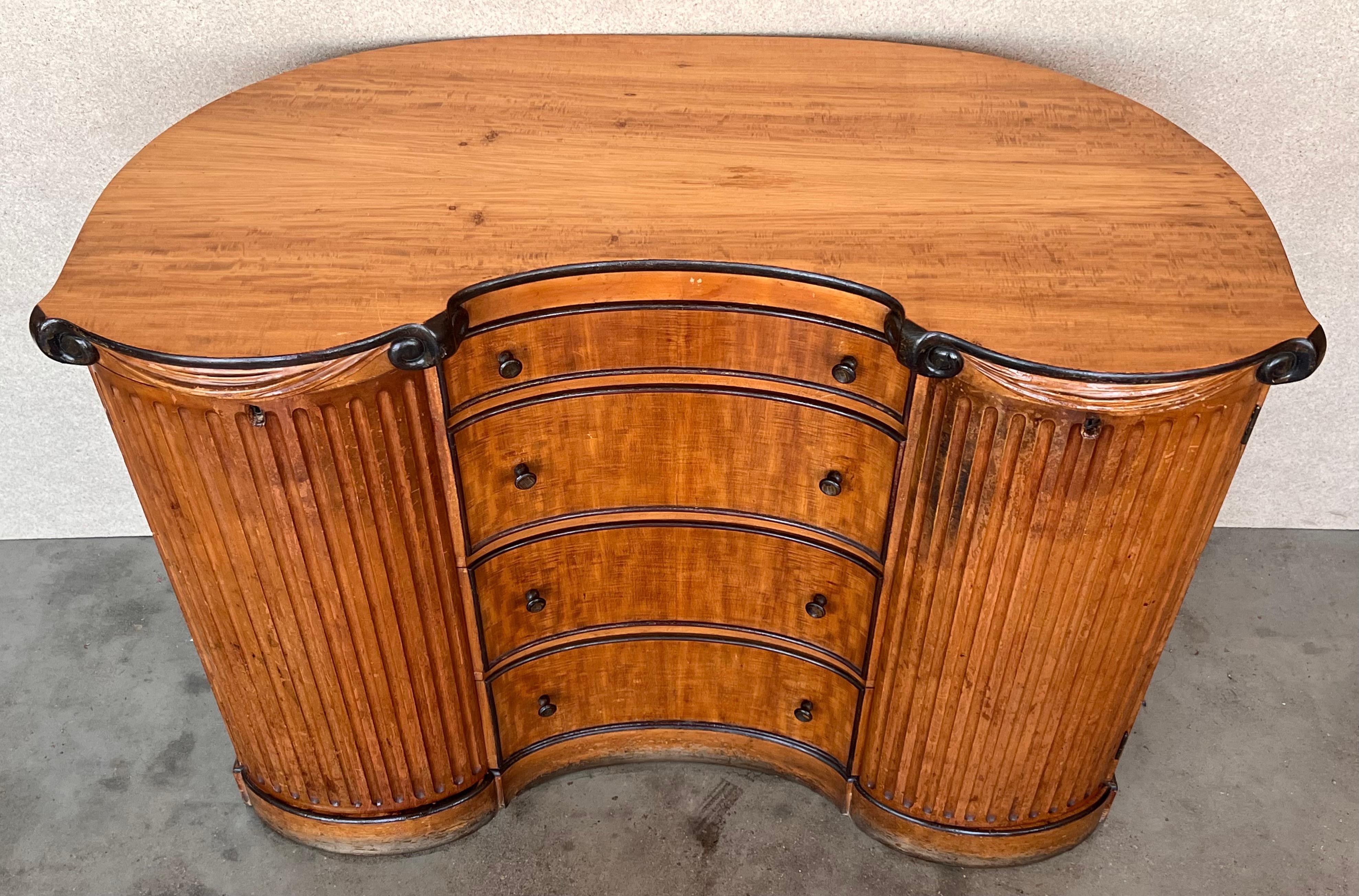 French Art Deco Demilune Burl Walnut and Ebonized Credenza with doors and drawers For Sale