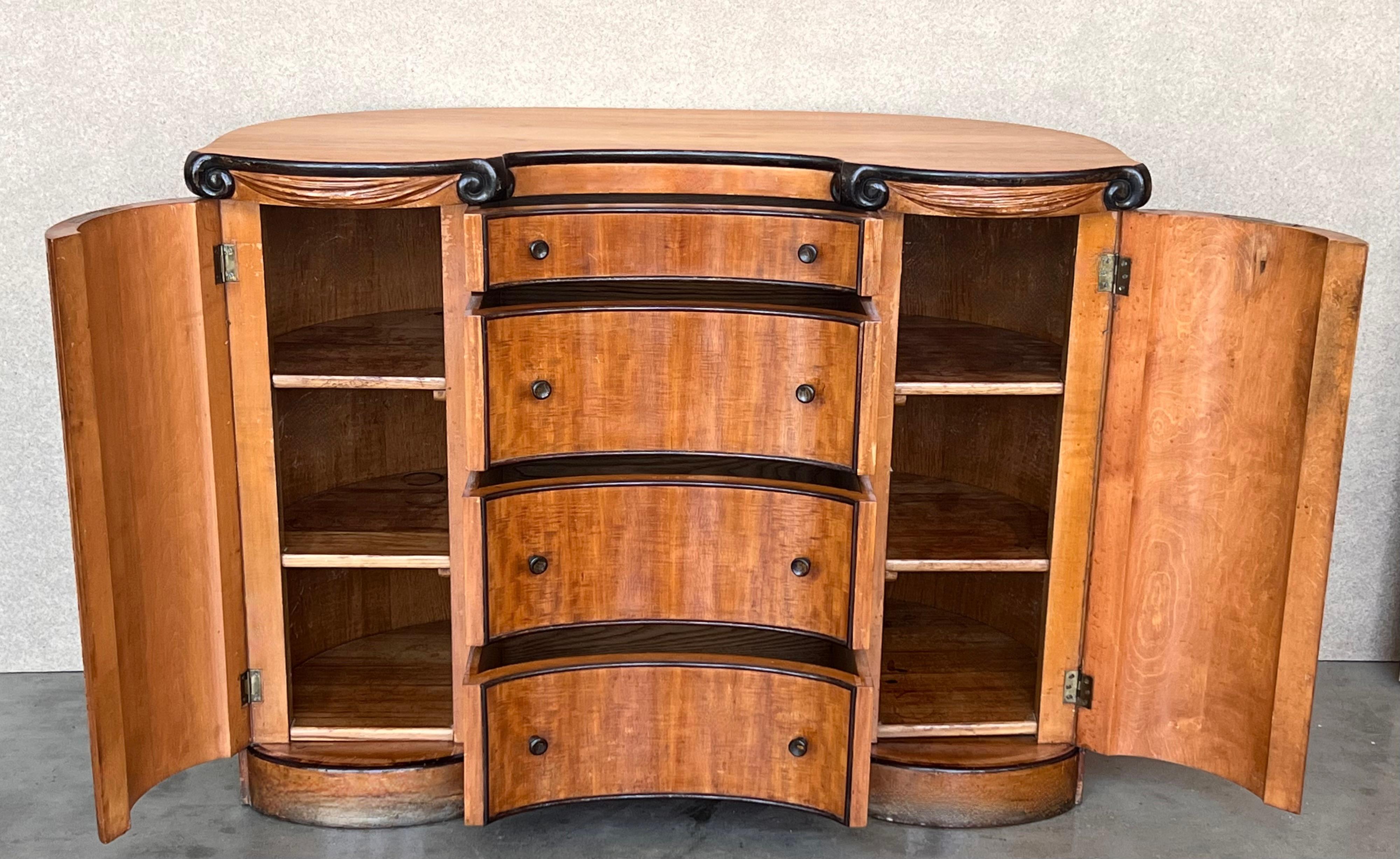 Art Deco Demilune Burl Walnut and Ebonized Credenza with doors and drawers For Sale 2
