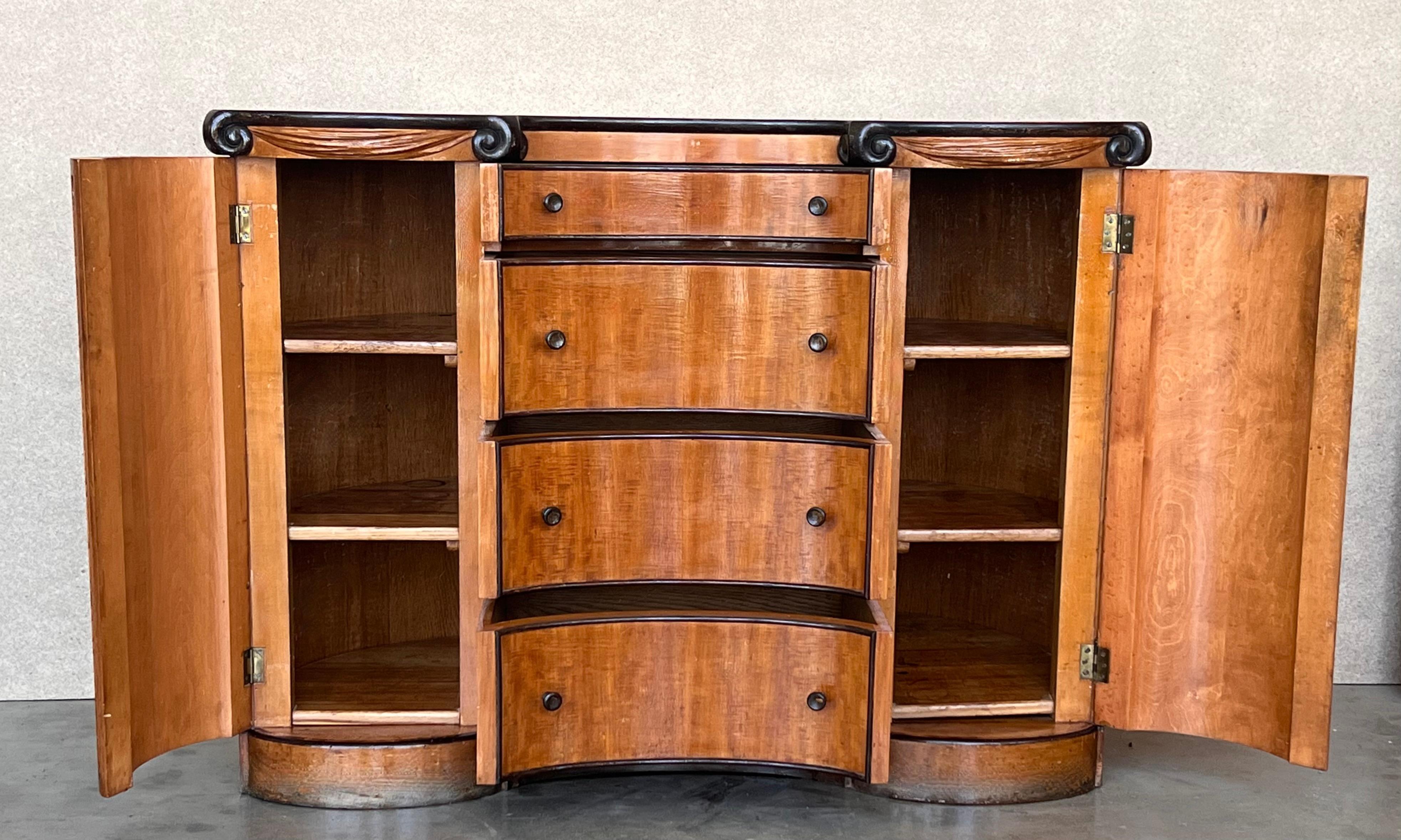 Art Deco Demilune Burl Walnut and Ebonized Credenza with doors and drawers For Sale 3