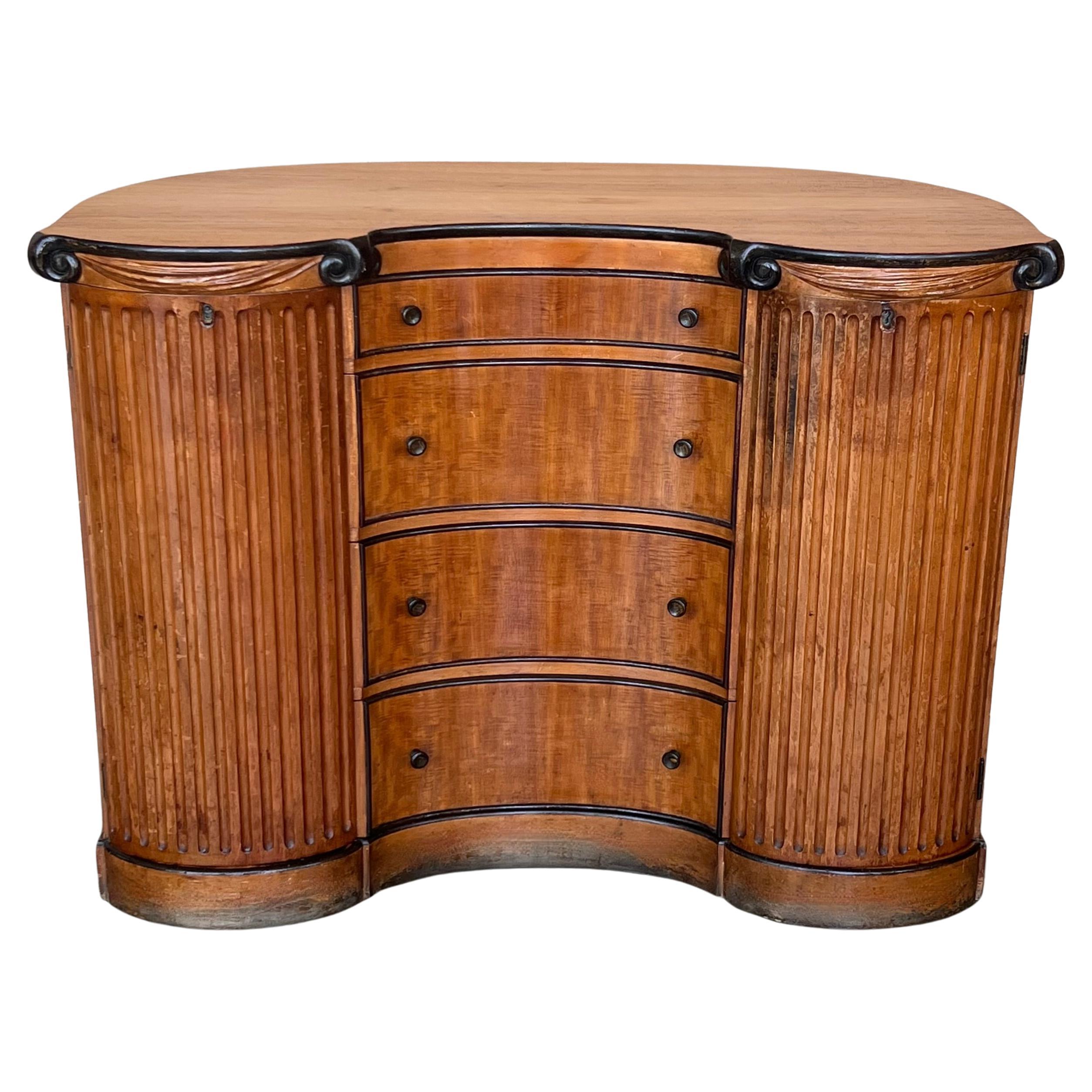 Credenza Art Decó Demilune de nogal burl y ebonizado con puertas y cajones