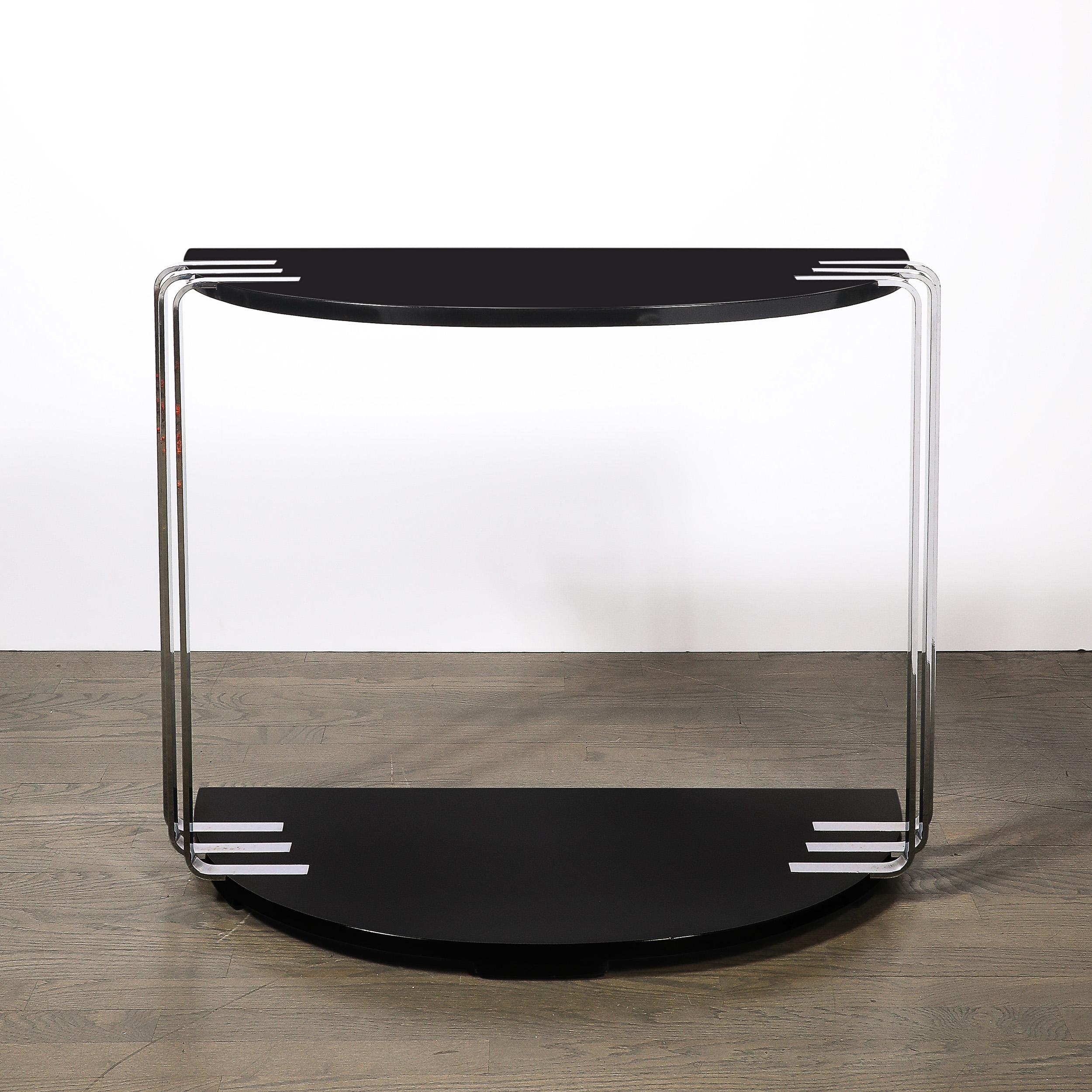 Art Deco Demilune Chrome and Black Lacquer Console Table by Donald Deskey In Excellent Condition For Sale In New York, NY