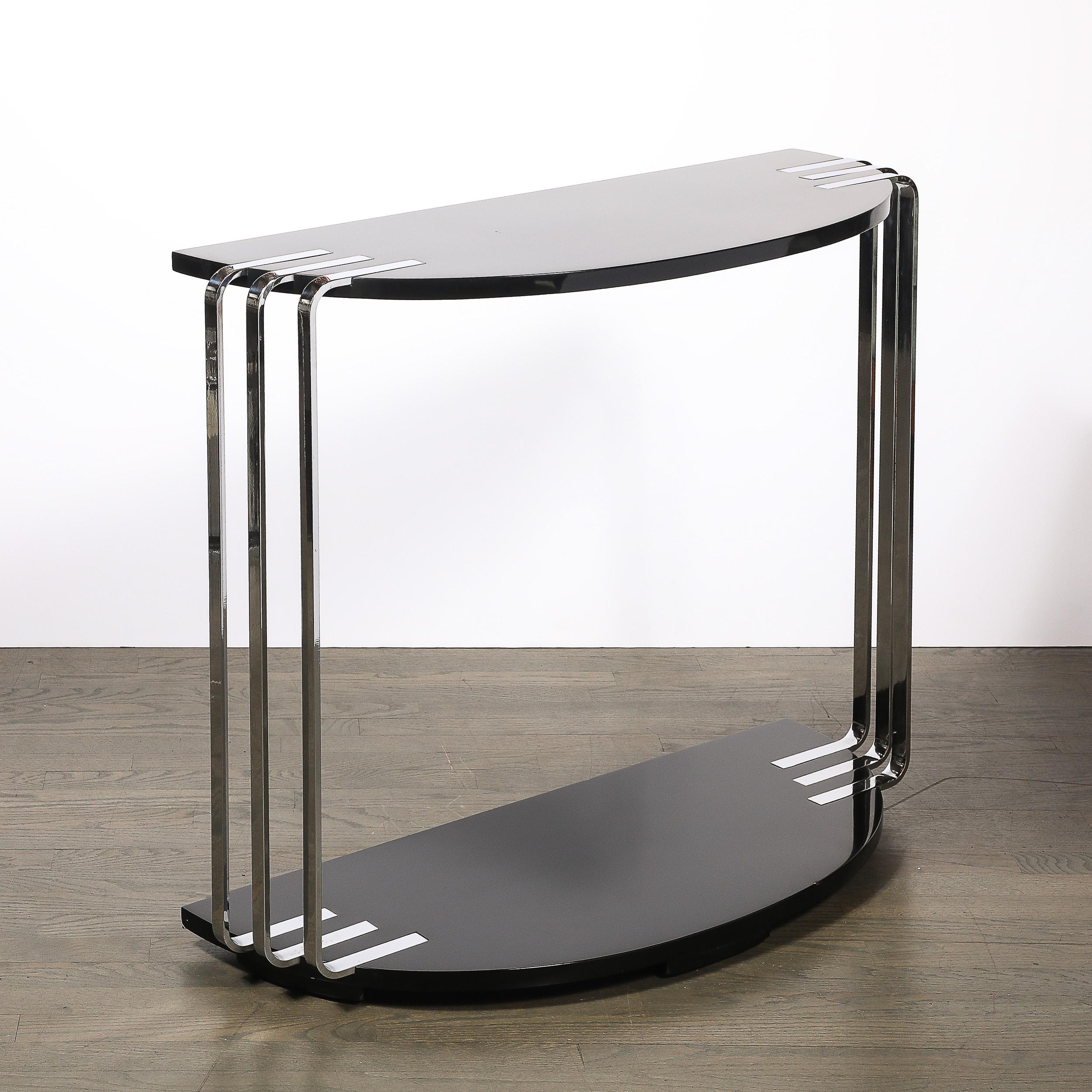 Art Deco Demilune Chrome and Black Lacquer Console Table by Donald Deskey For Sale 1
