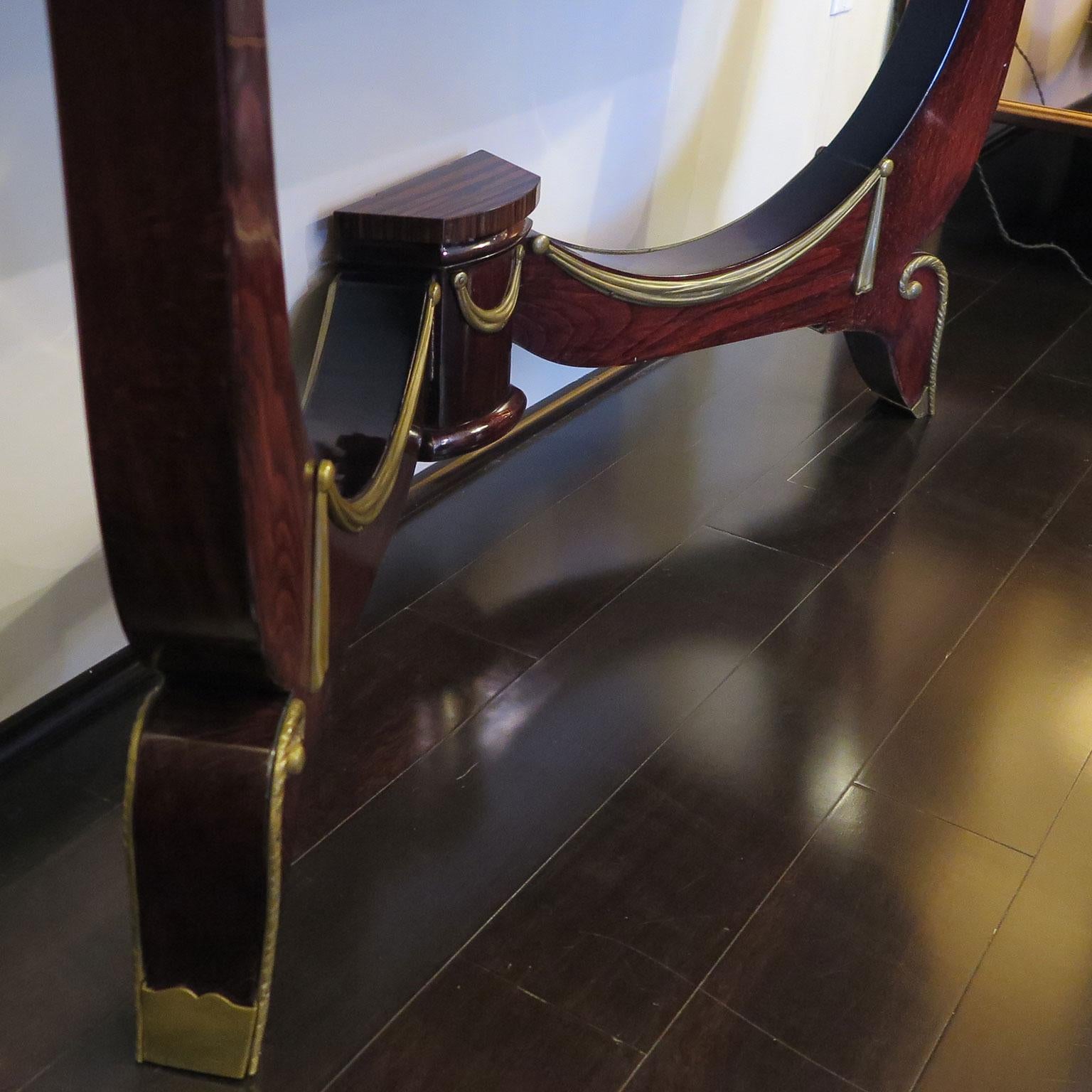 Art Deco Demilune Console in Macassar and Mahogany with Brass Fittings In Good Condition For Sale In Los Angeles, CA