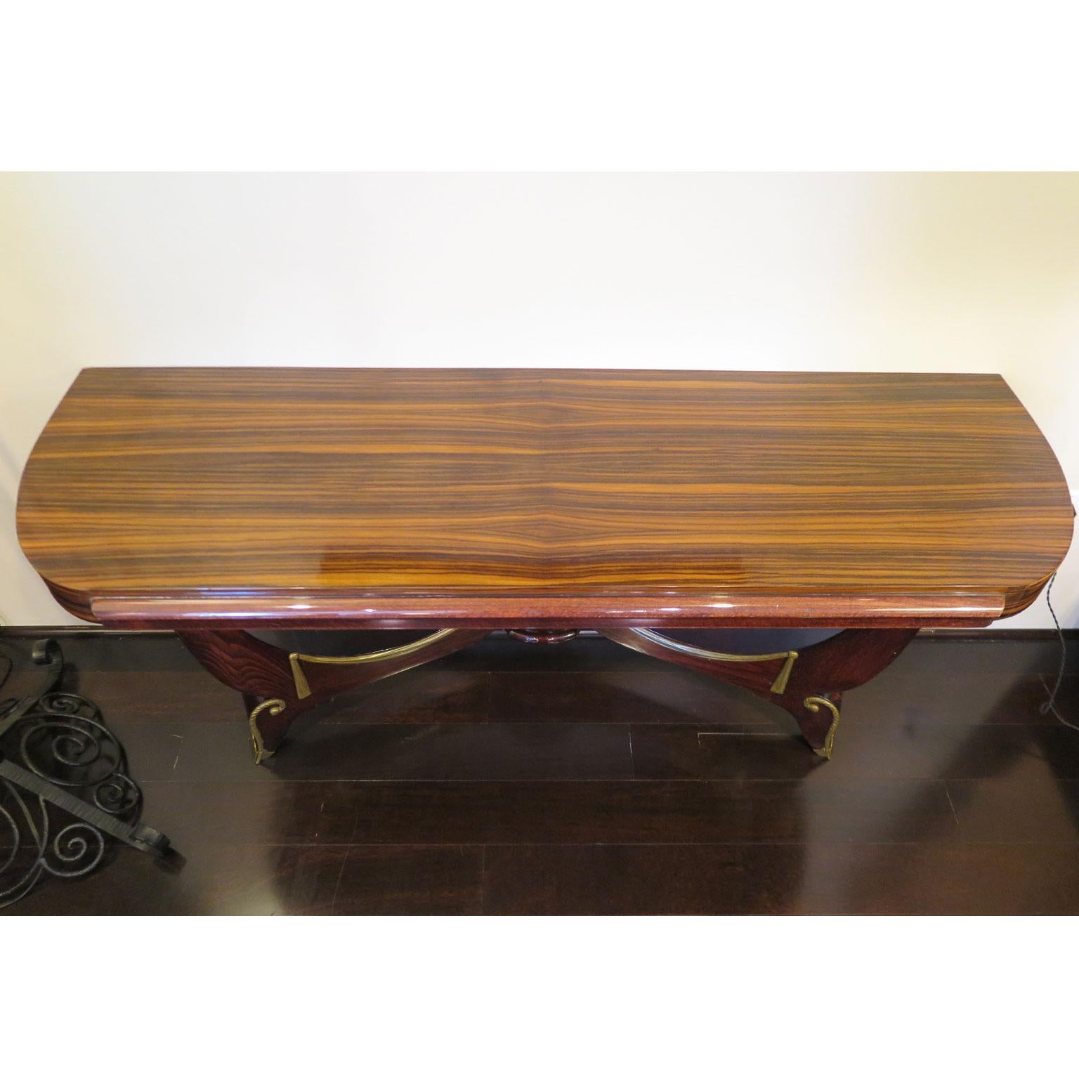 20th Century Art Deco Demilune Console in Macassar and Mahogany with Brass Fittings For Sale