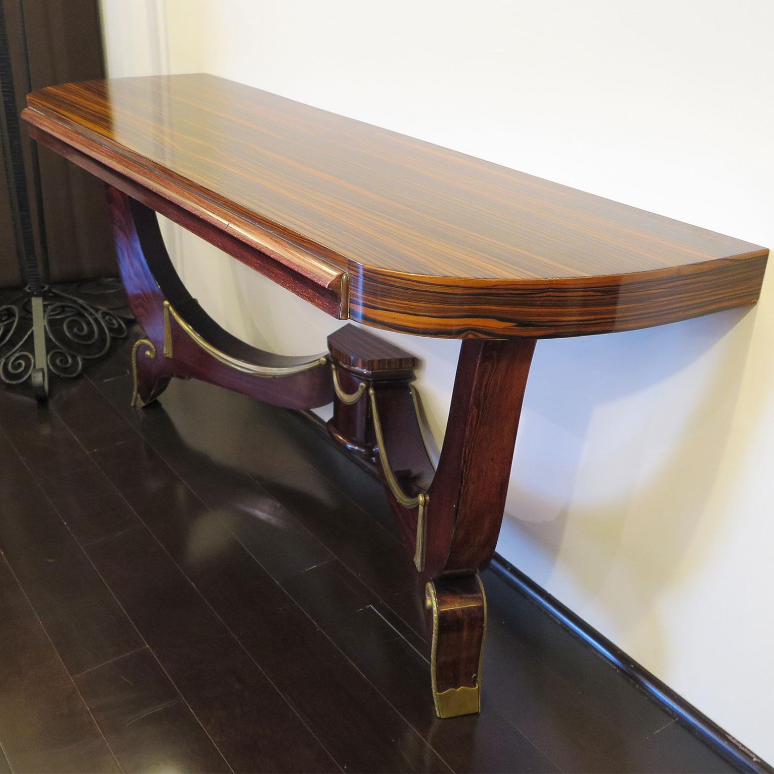 Art Deco Demilune Console in Macassar and Mahogany with Brass Fittings For Sale 2