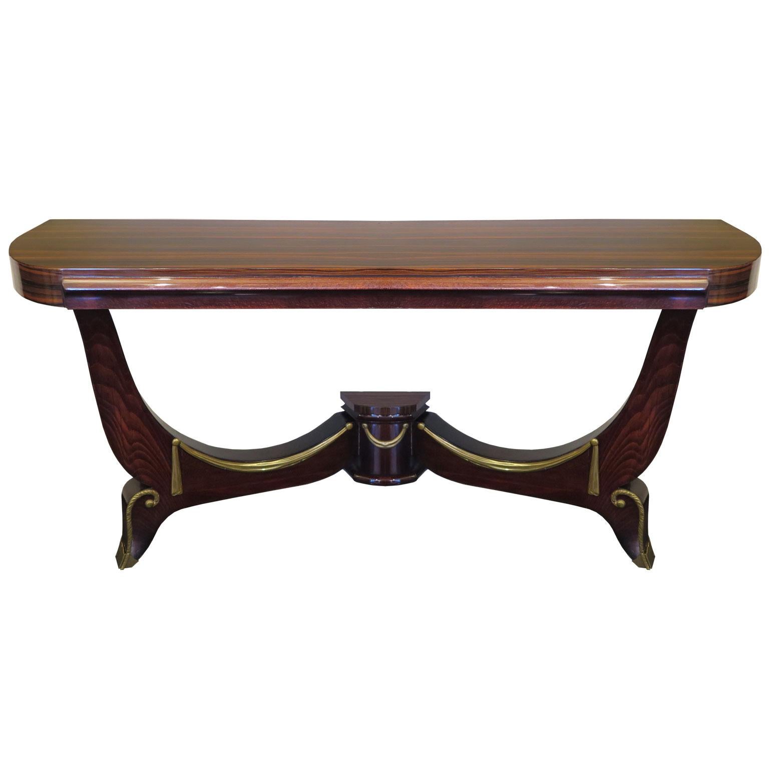 Art Deco Demilune Console in Macassar and Mahogany with Brass Fittings