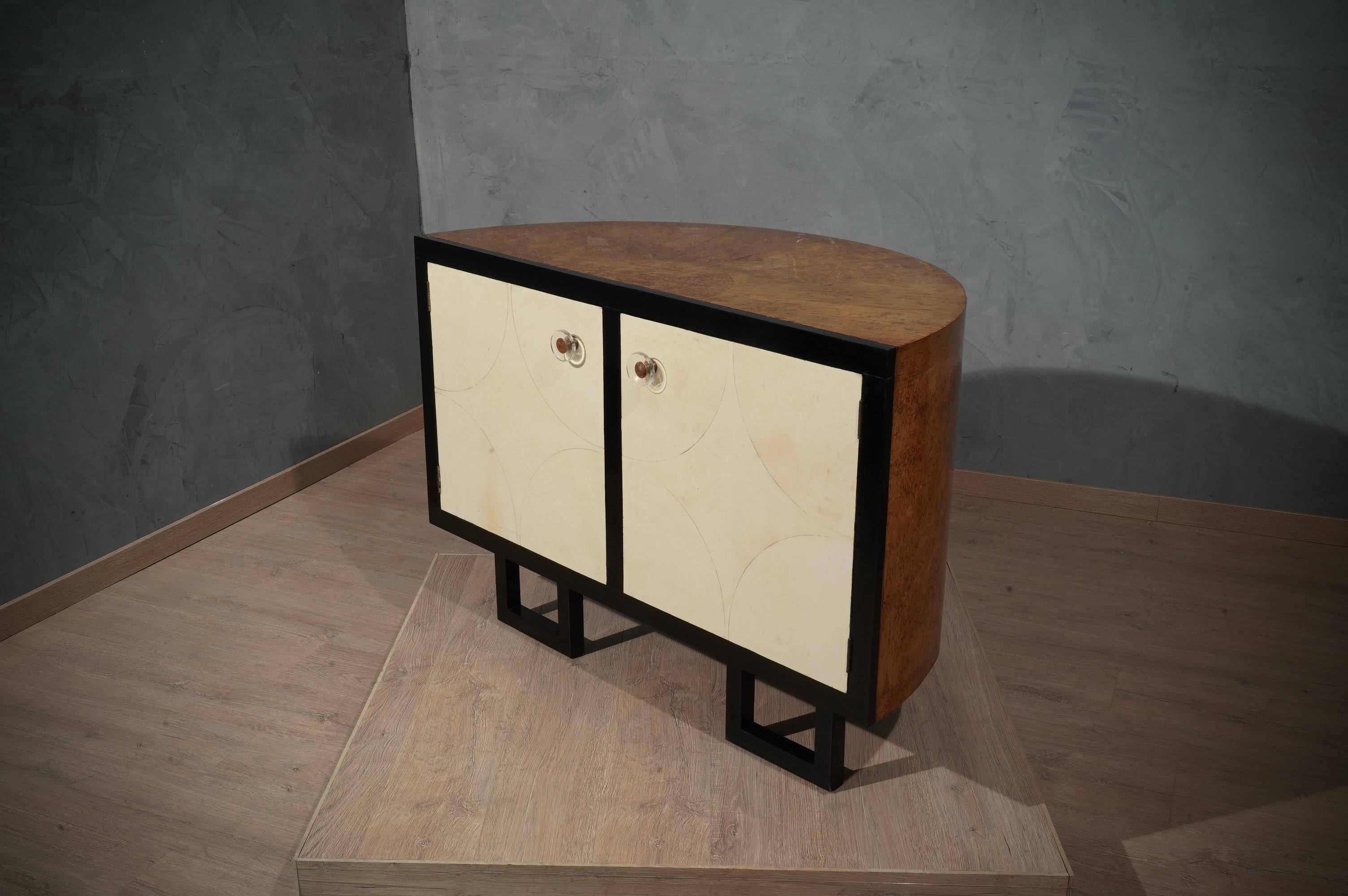 Art Deco Demi-lune Goat Skin and Glass Handles Sideboard, 1930 In Good Condition In Rome, IT