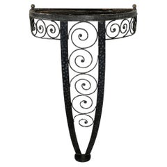 Art Deco Demilune Wrought Iron Spiral Motif & Porto Marble Inset Console Table