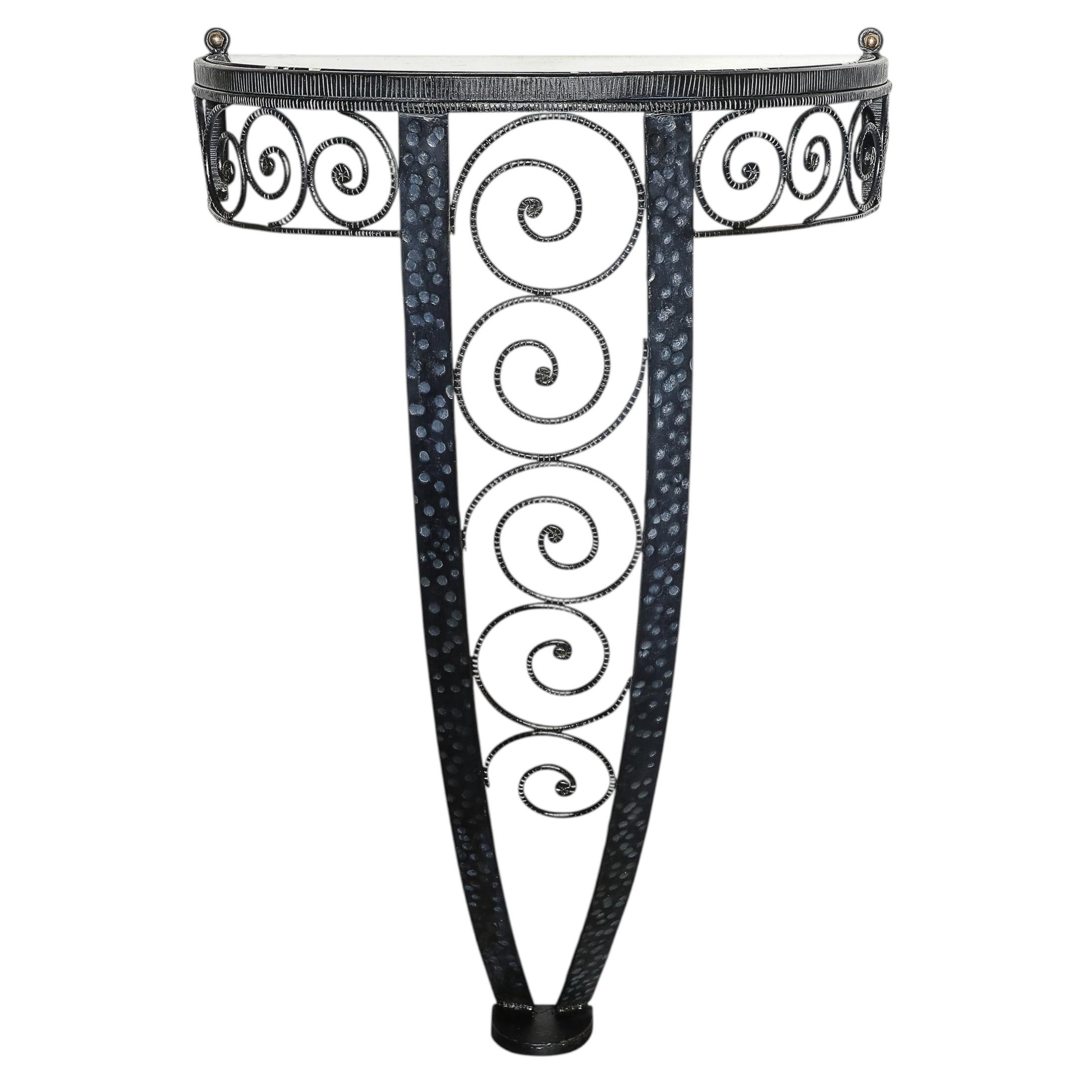 Art Deco Demilune Wrought Iron Spiral Motif & Porto Marble Inset Console Table For Sale