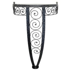Art Deco Demilune Wrought Iron Spiral Motif & Porto Marble Inset Console Table