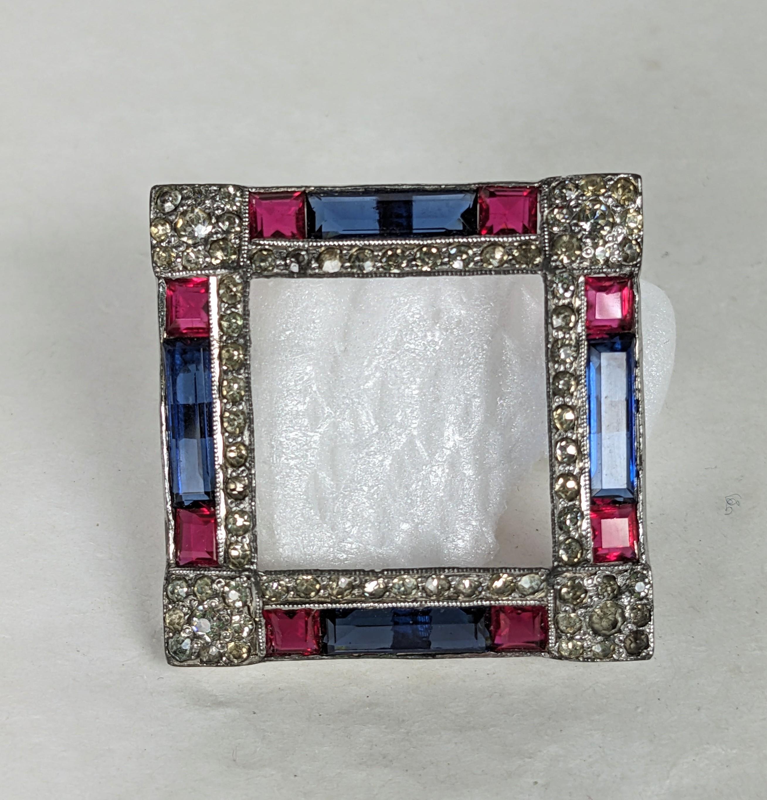 Art Deco DeRosa Patriotic Brooch of channel set faux rubies and sapphires with crystal pave accents. Unsigned 1930's. USA. 1.25