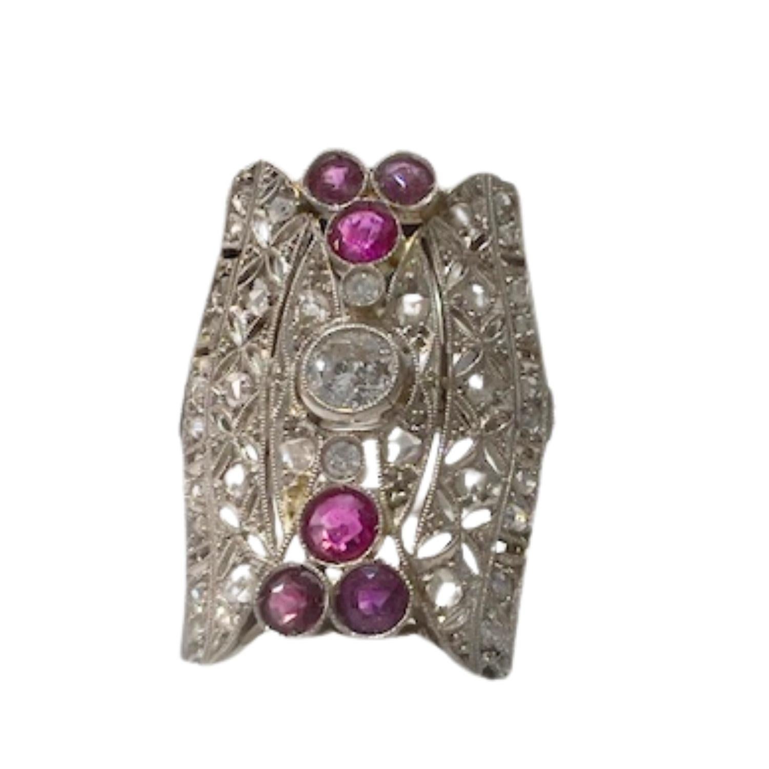 Art Deco Design 1 ct Diamonds & 0.72ct Rubies 18k Gold Ring For Sale 1