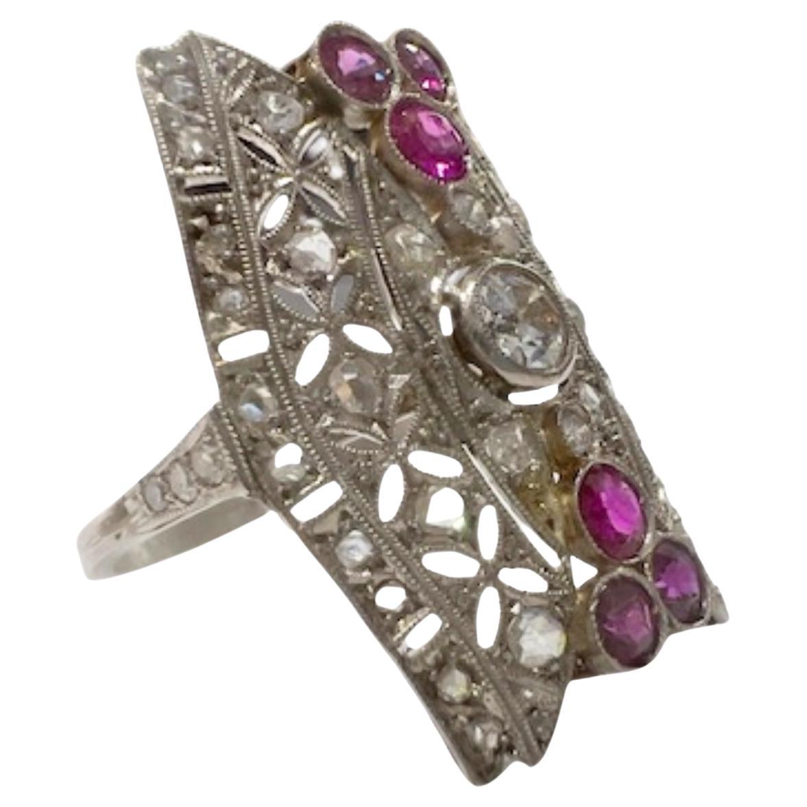 Art Deco Design 1 ct Diamonds & 0.72ct Rubies 18k Gold Ring