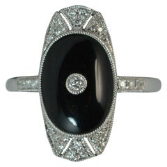 Art Deco Design 18 Carat White Gold Diamond and Onyx Slab Panel Cluster Ring