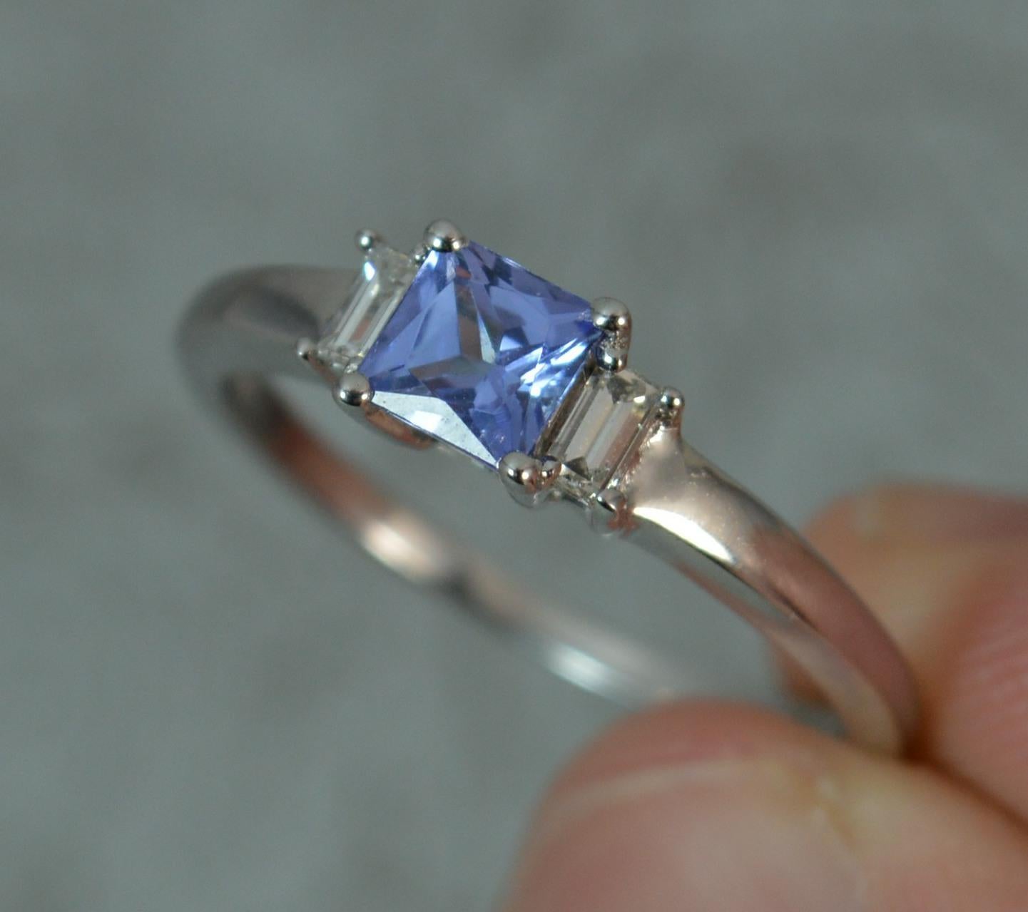 Princess Cut Art Deco Style Design 18 Carat White Gold Tanzanite Diamond Trilogy Ring