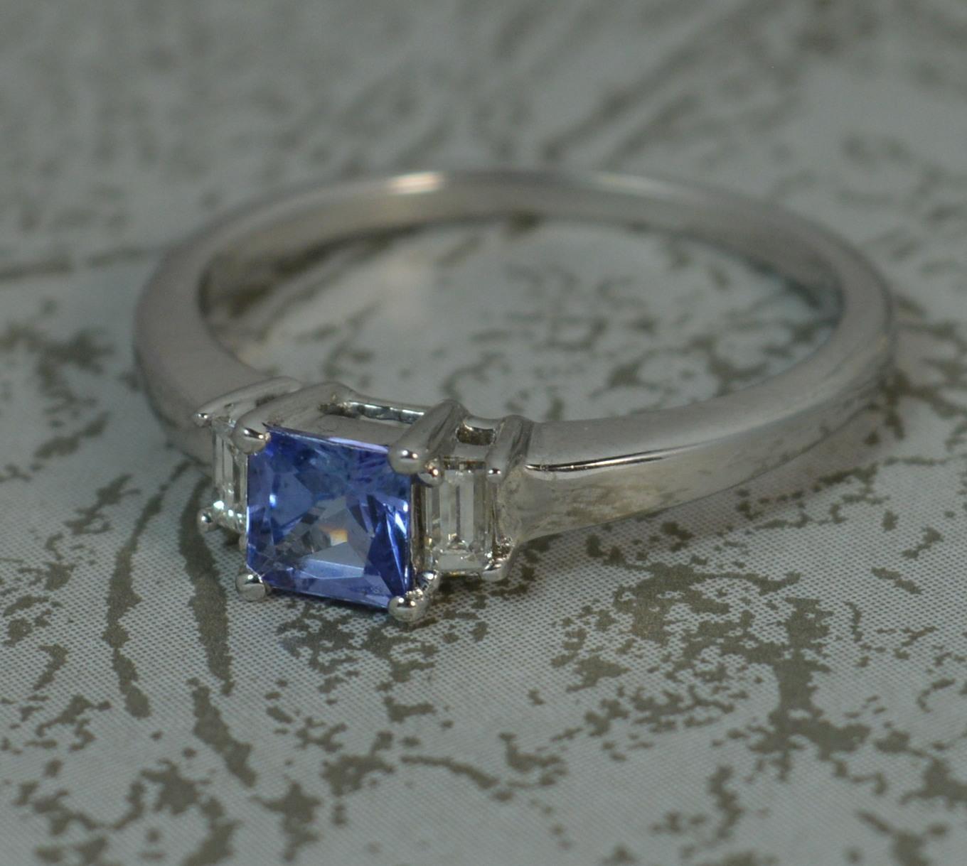 Art Deco Style Design 18 Carat White Gold Tanzanite Diamond Trilogy Ring In Excellent Condition In St Helens, GB
