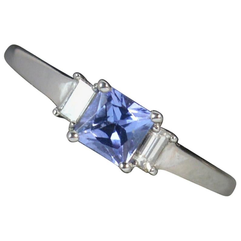 Art Deco Style Design 18 Carat White Gold Tanzanite Diamond Trilogy Ring