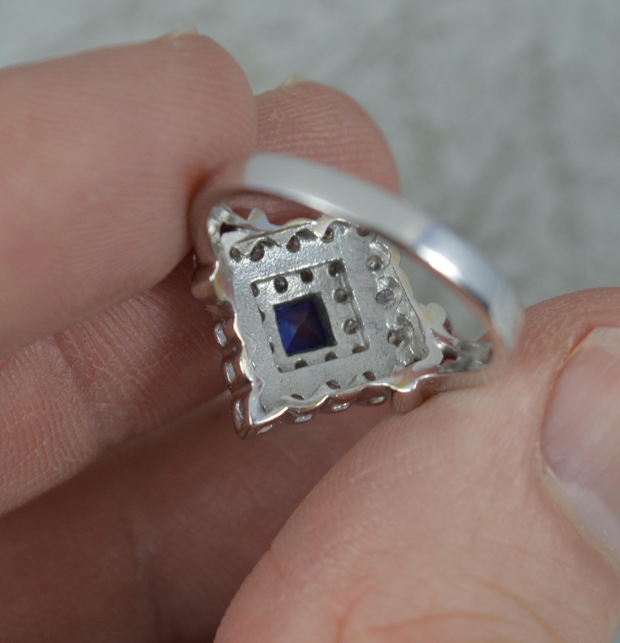Art Deco Design 18ct White Gold Blue Sapphire and Diamond Cluster Ring In Good Condition For Sale In St Helens, GB