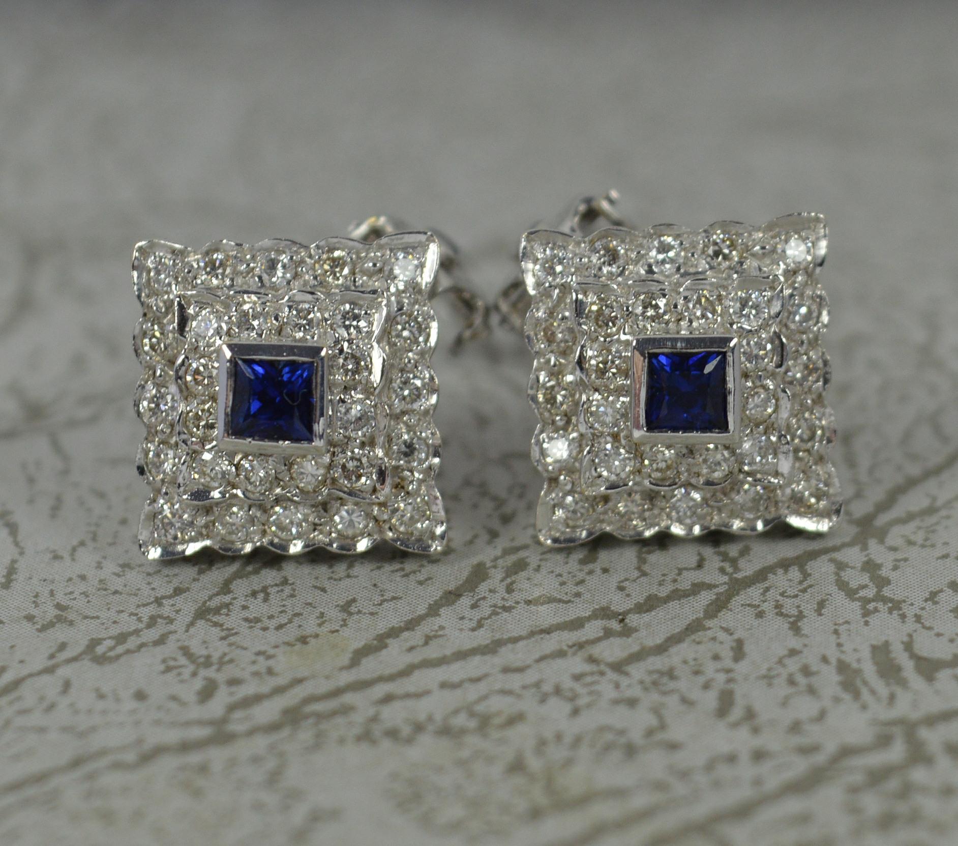 Art Deco Design 18ct White Gold Sapphire and Diamond Clip on Cluster Earrings For Sale 4