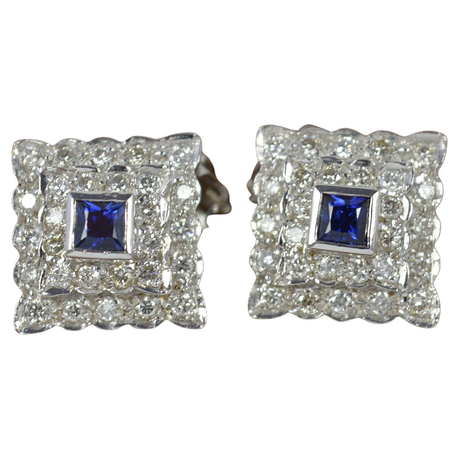 Art Deco Design 18ct White Gold Sapphire and Diamond Clip on Cluster Earrings