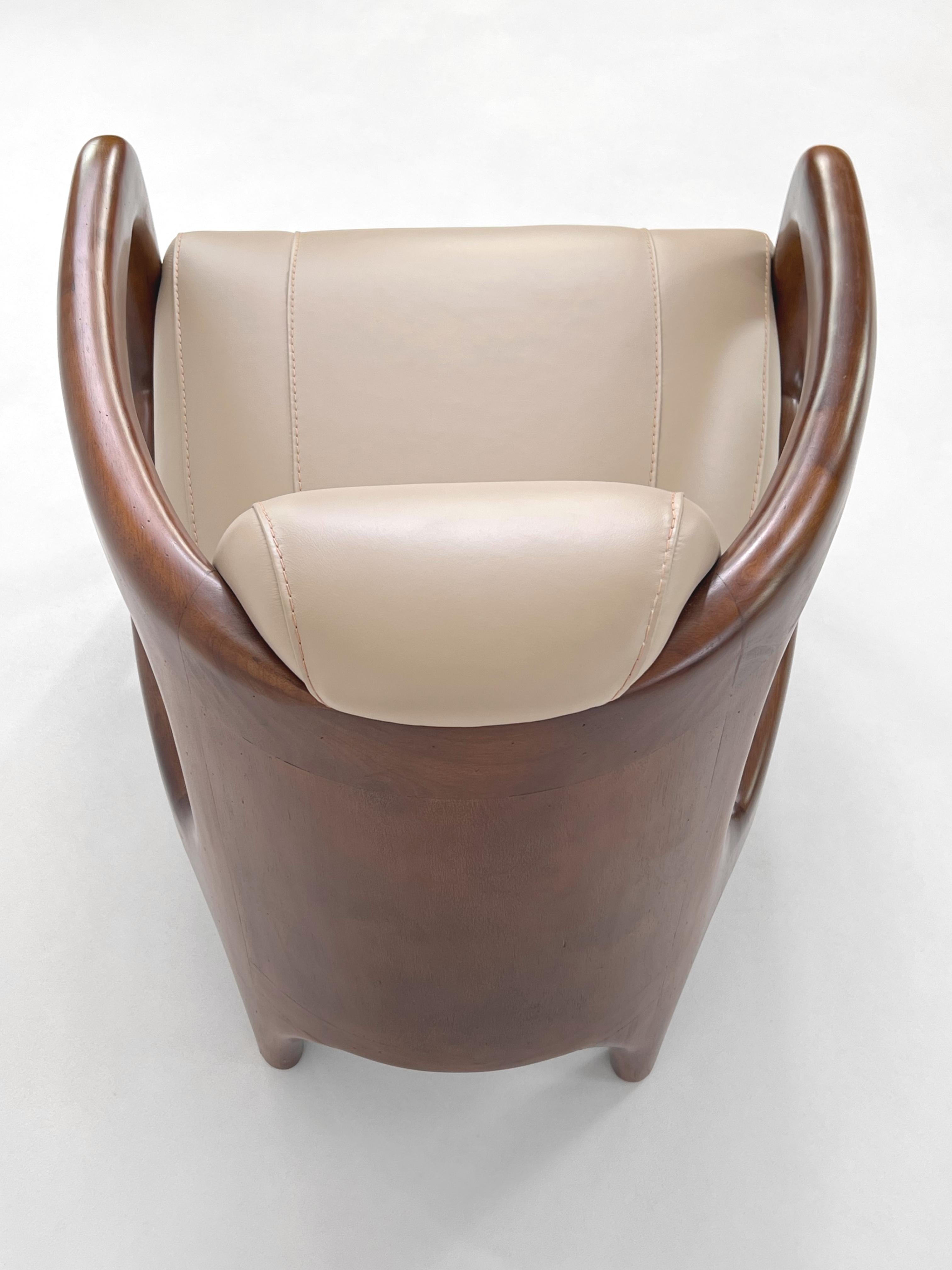 Mid-Century Modern Art Deco Design and Scandinavian Style Wooden and Leather Armchair For Sale