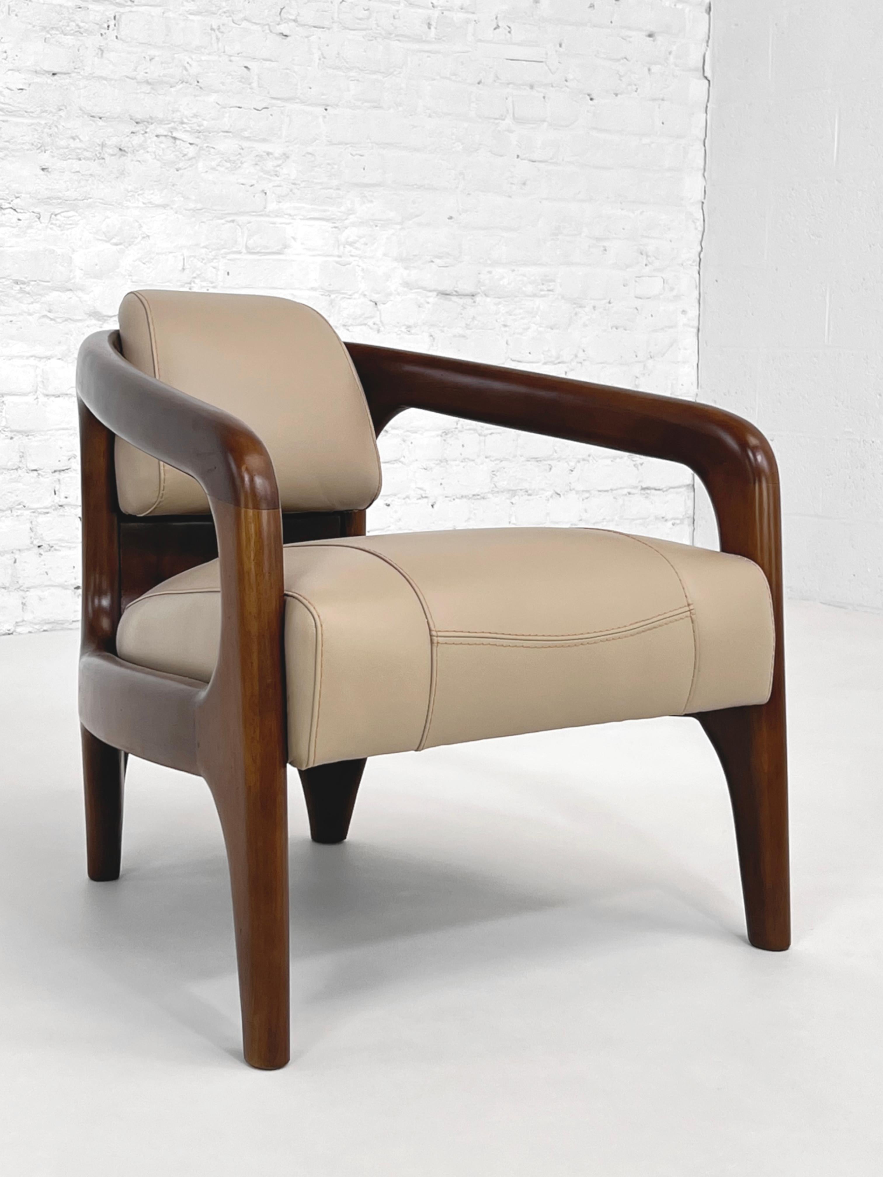 Contemporary Art Deco Design and Scandinavian Style Wooden and Leather Armchair For Sale