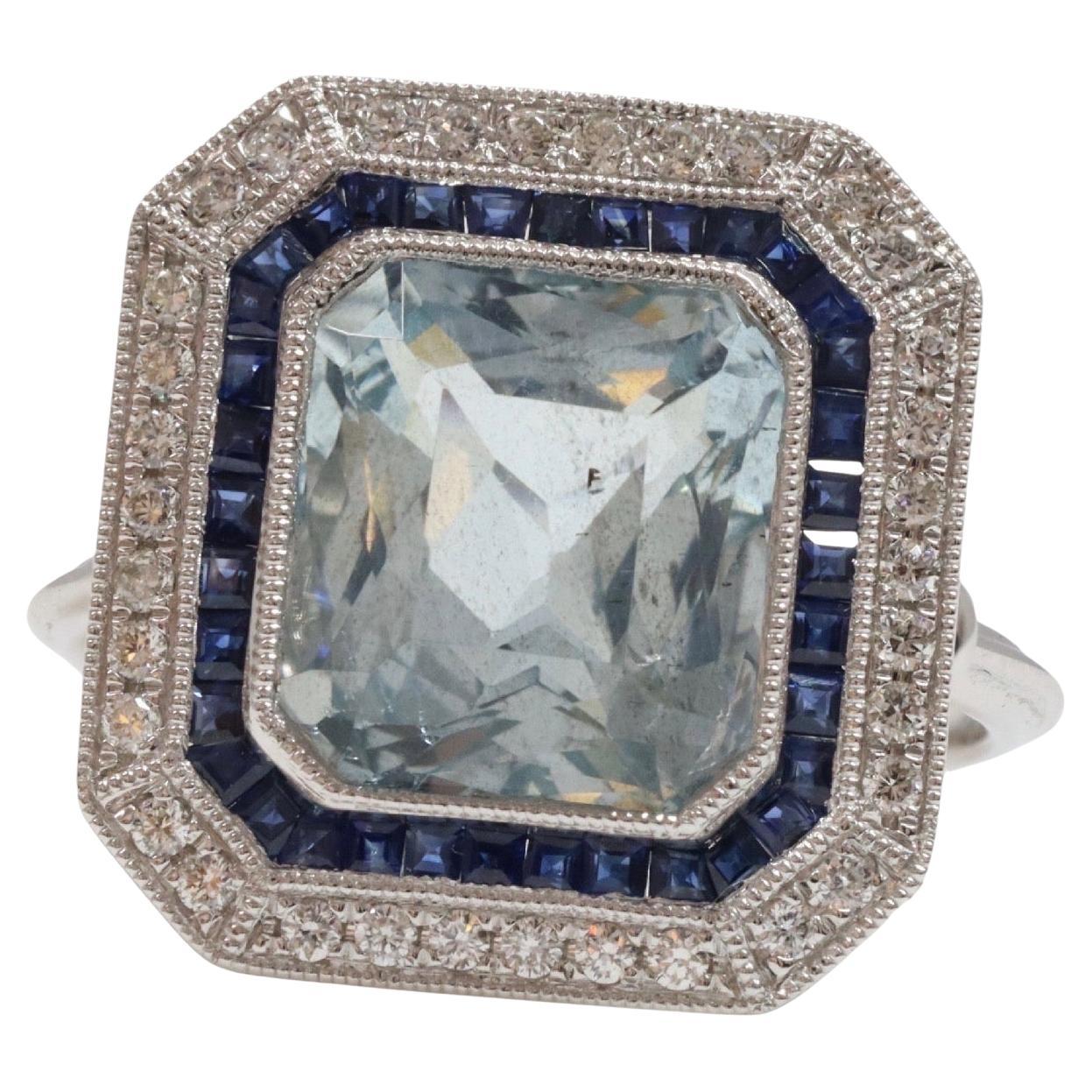 Art-Deco Design , Aquamarine , Sapphires and Diamonds in 14ct White Gold ring