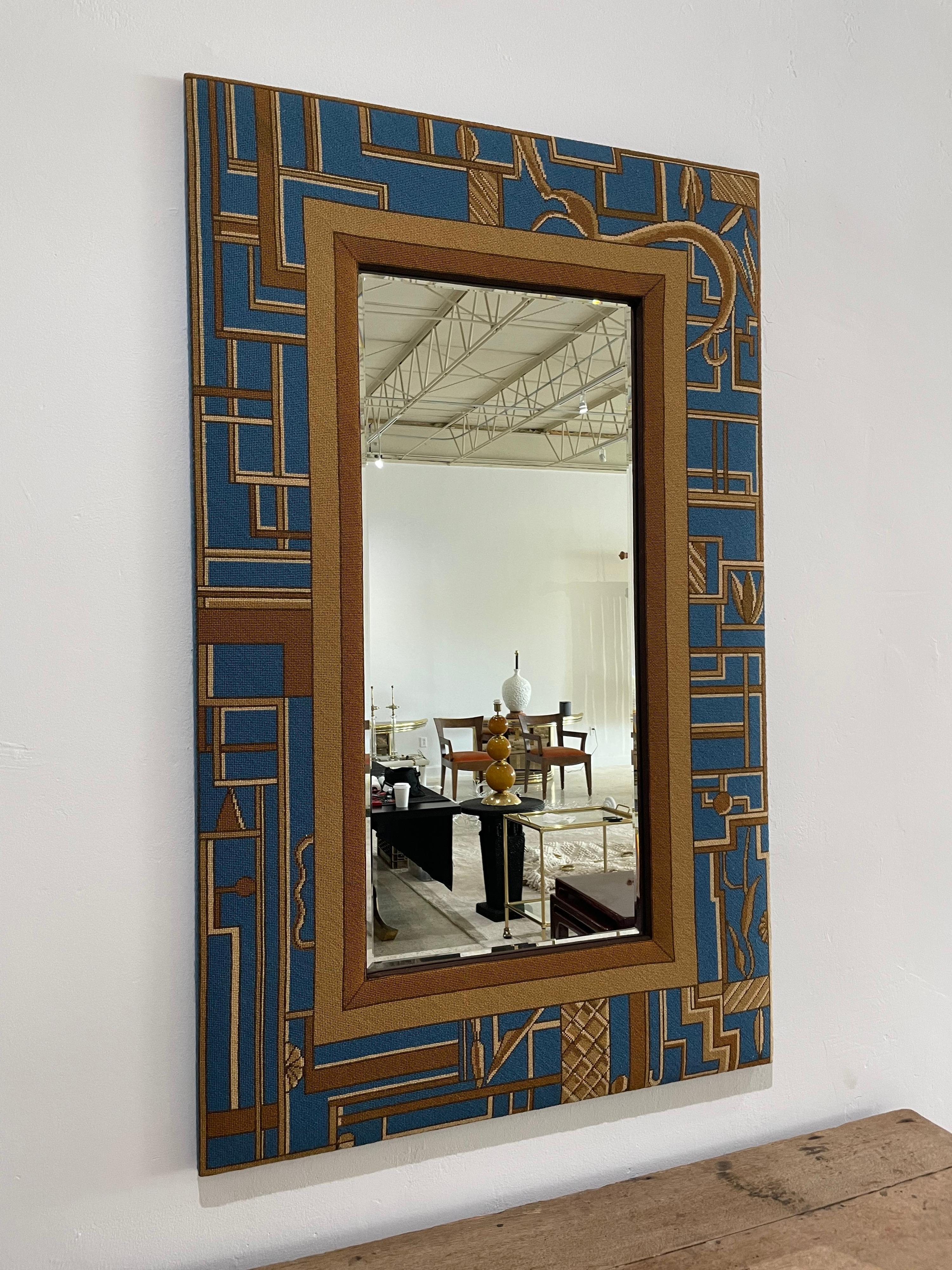 American Art Deco Design Artisan Needlepoint Framed Large Mirror
