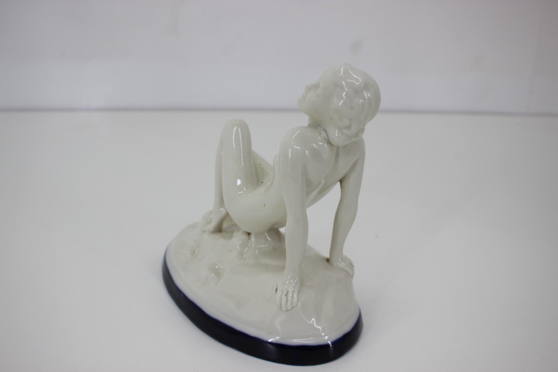 Czech Art Deco Design Ceramic Sculpture Nude Sitting Woman, 1930s